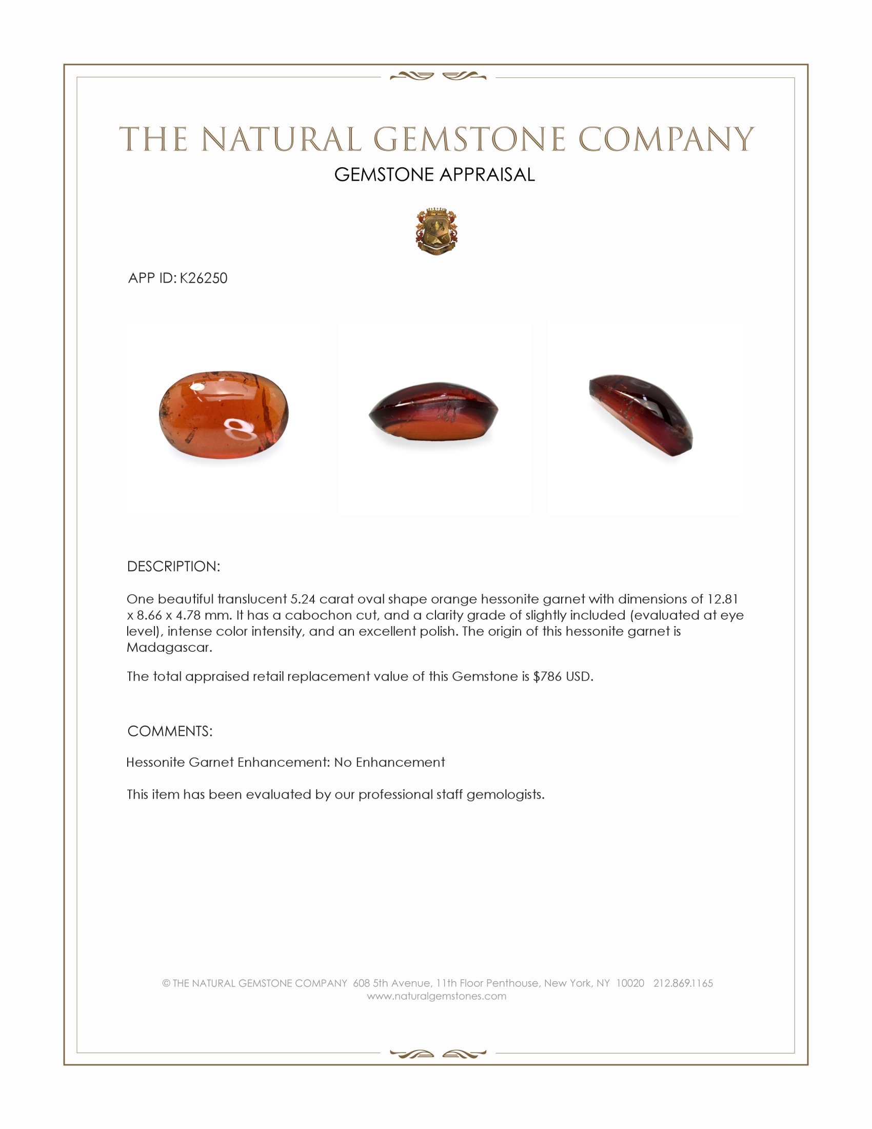 5.24 Ct. Orange Cabochon Hessonite Garnet from Madagascar