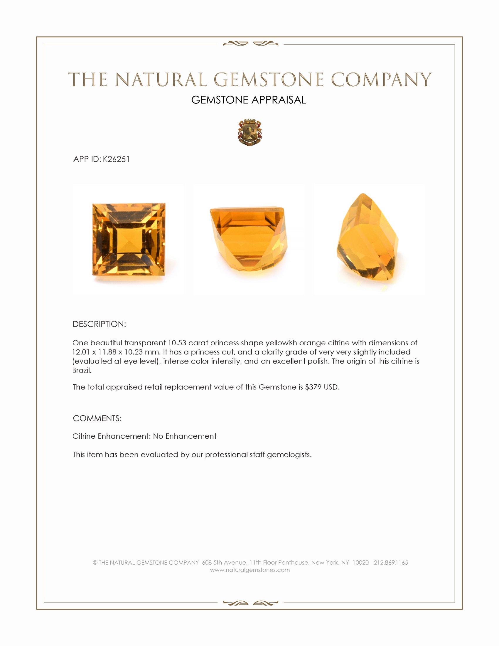 10.53 Ct. Yellowish Orange Citrine from Brazil
