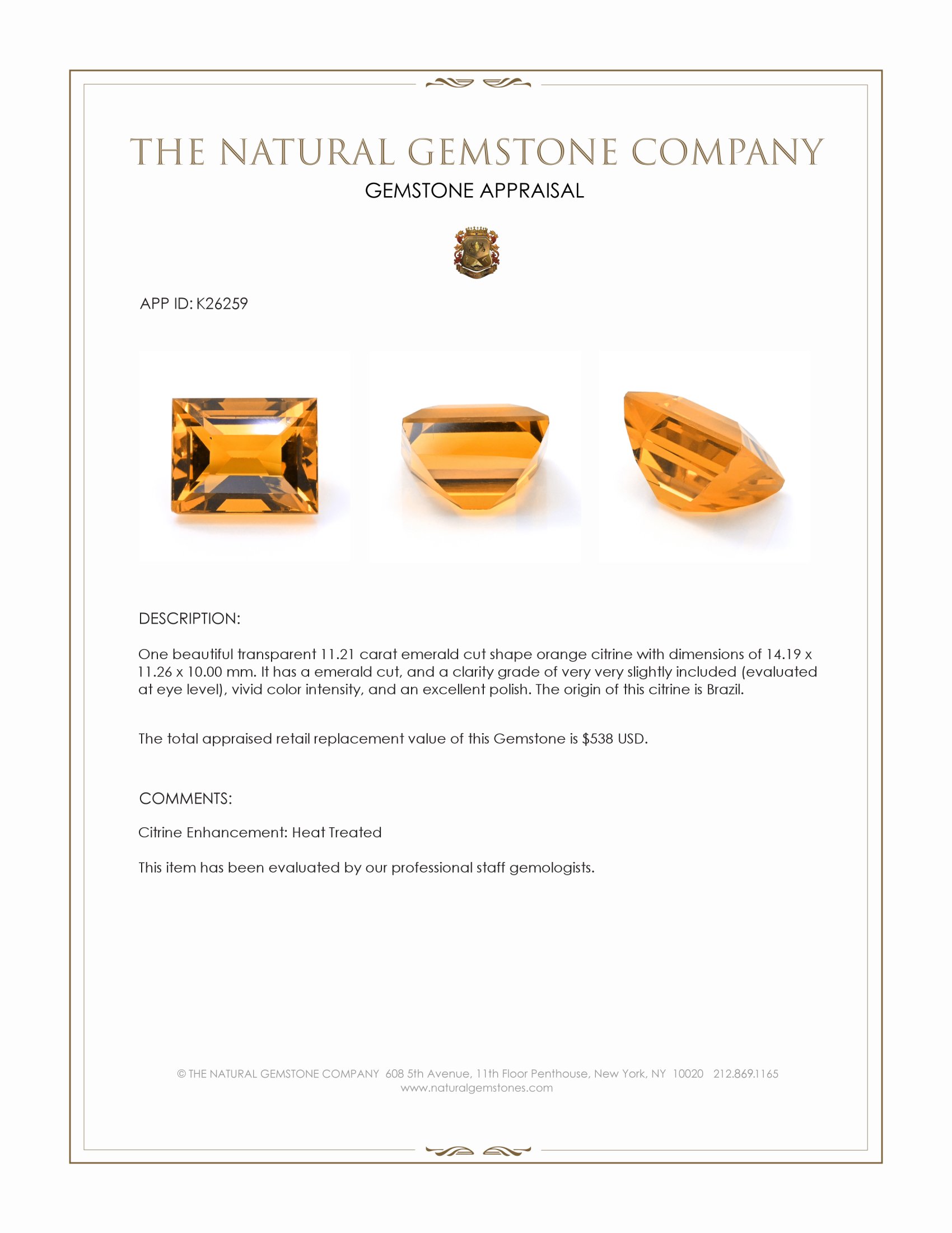 11.21 Ct. Orange Citrine from Brazil