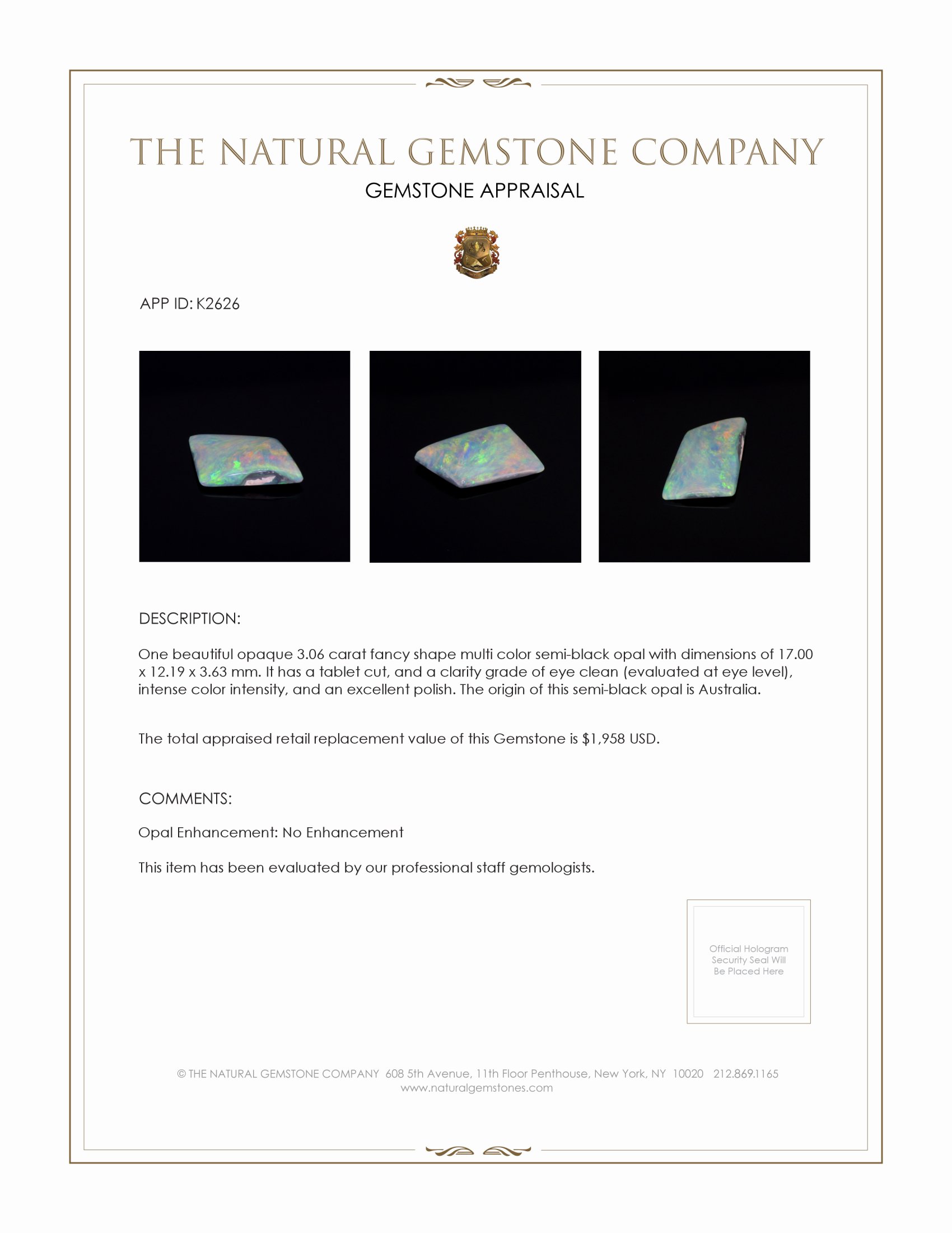 3.06 Ct. Semi-Black Opal from Australia