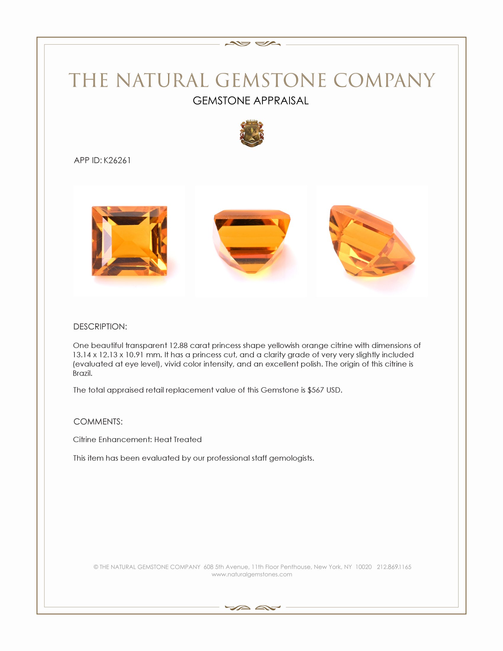 12.88 Ct. Yellowish Orange Citrine from Brazil