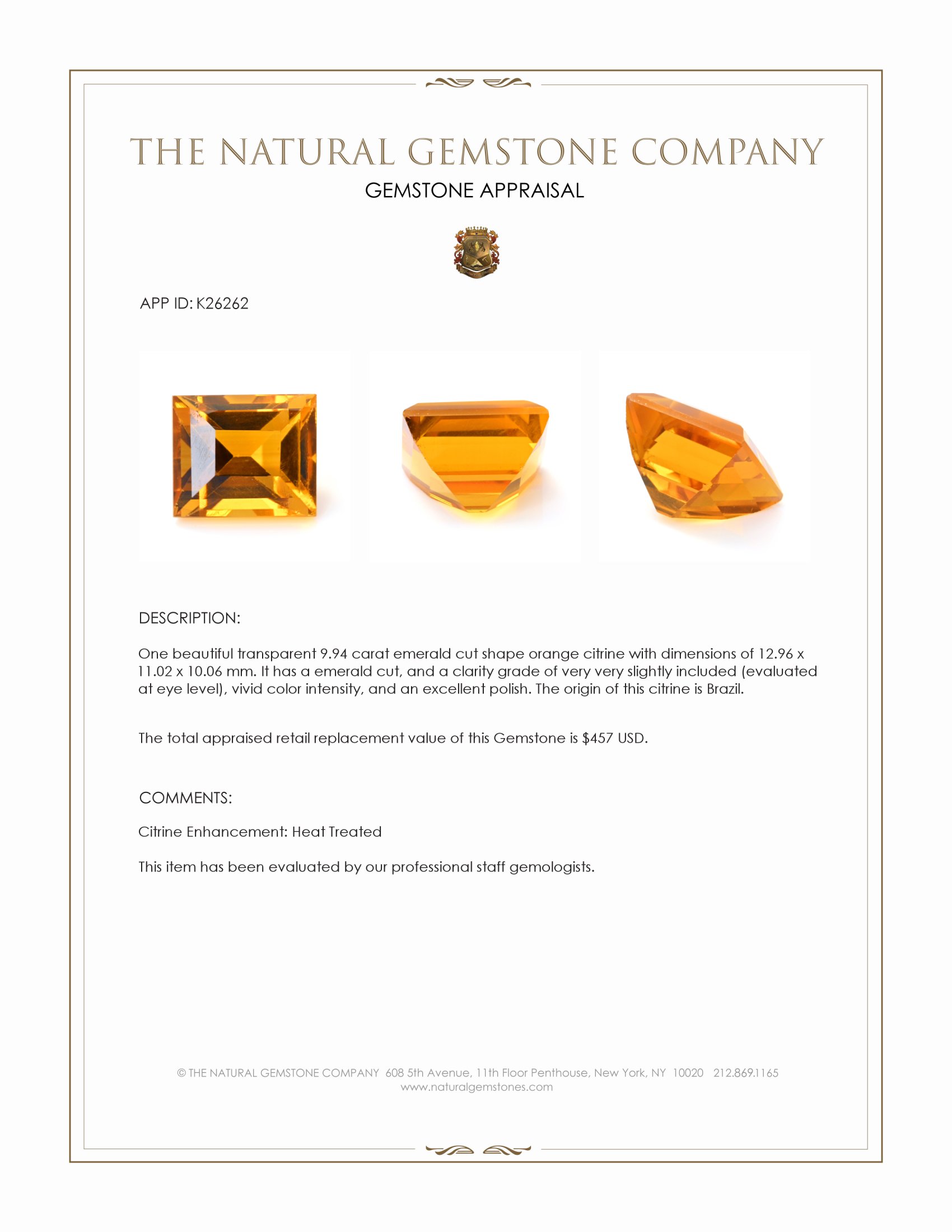9.94 Ct. Orange Citrine from Brazil
