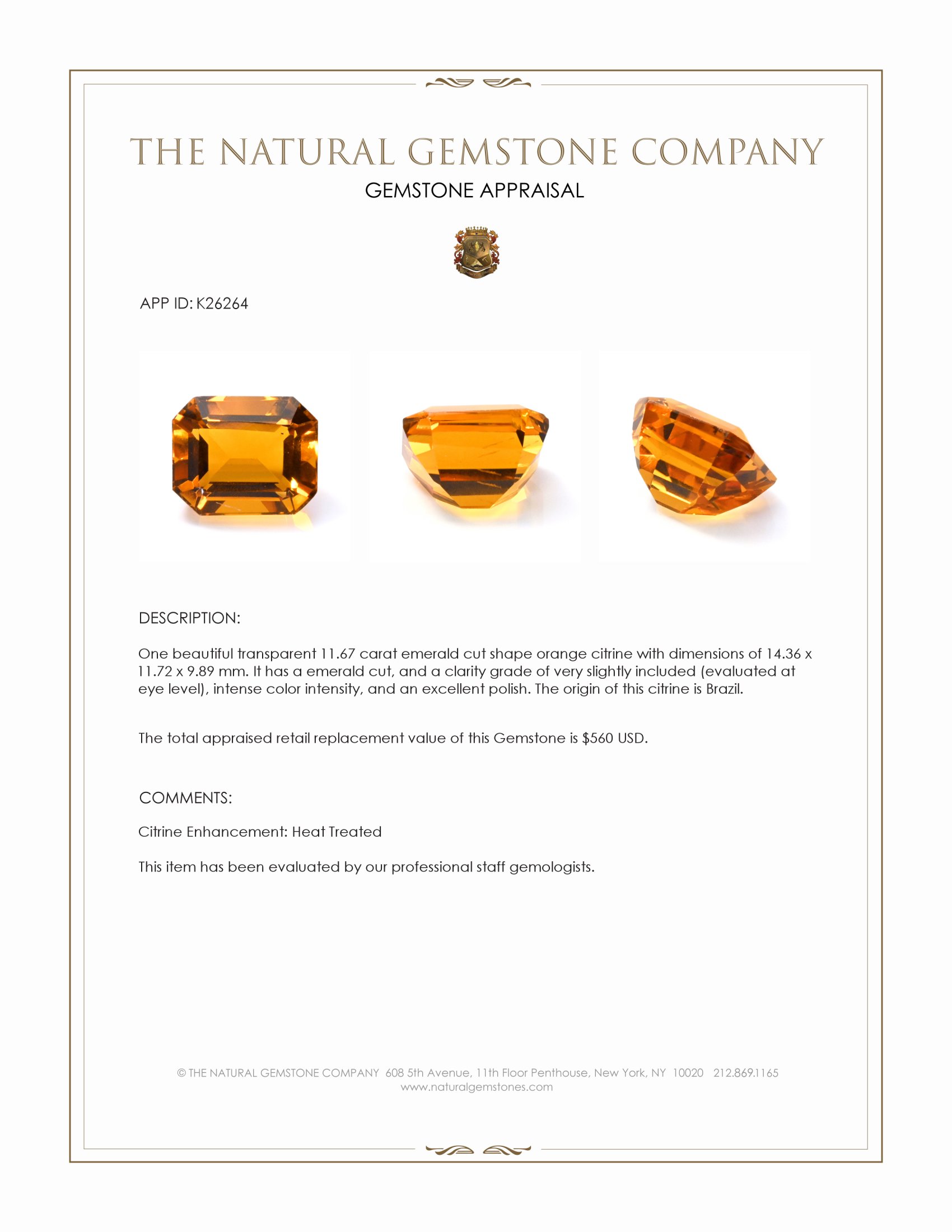 11.67 Ct. Orange Citrine from Brazil