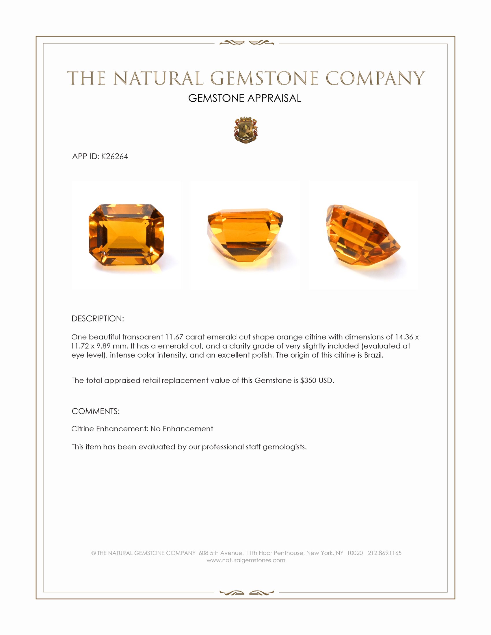 11.67 Ct. Orange Citrine from Brazil