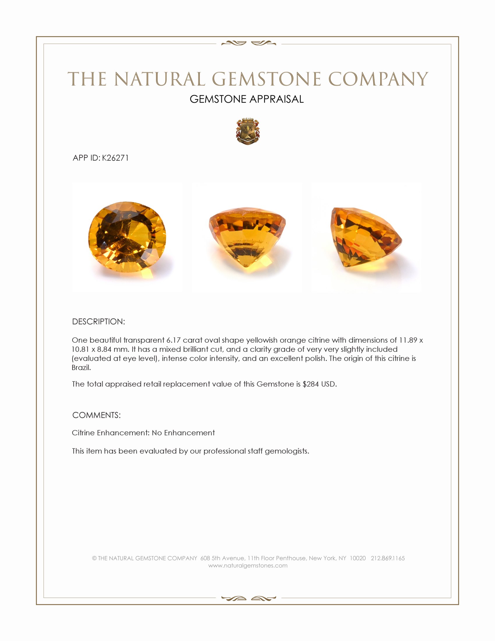 6.17 Ct. Yellowish Orange Citrine from Brazil