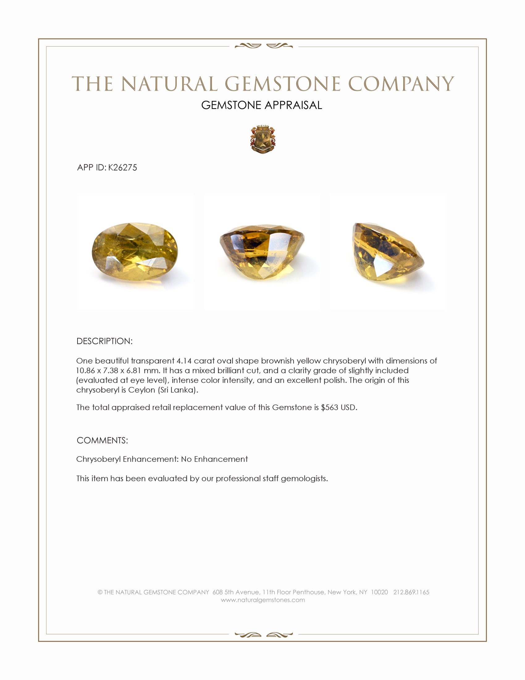 4.14 Ct. Brownish Yellow Chrysoberyl from Ceylon (Sri Lanka)