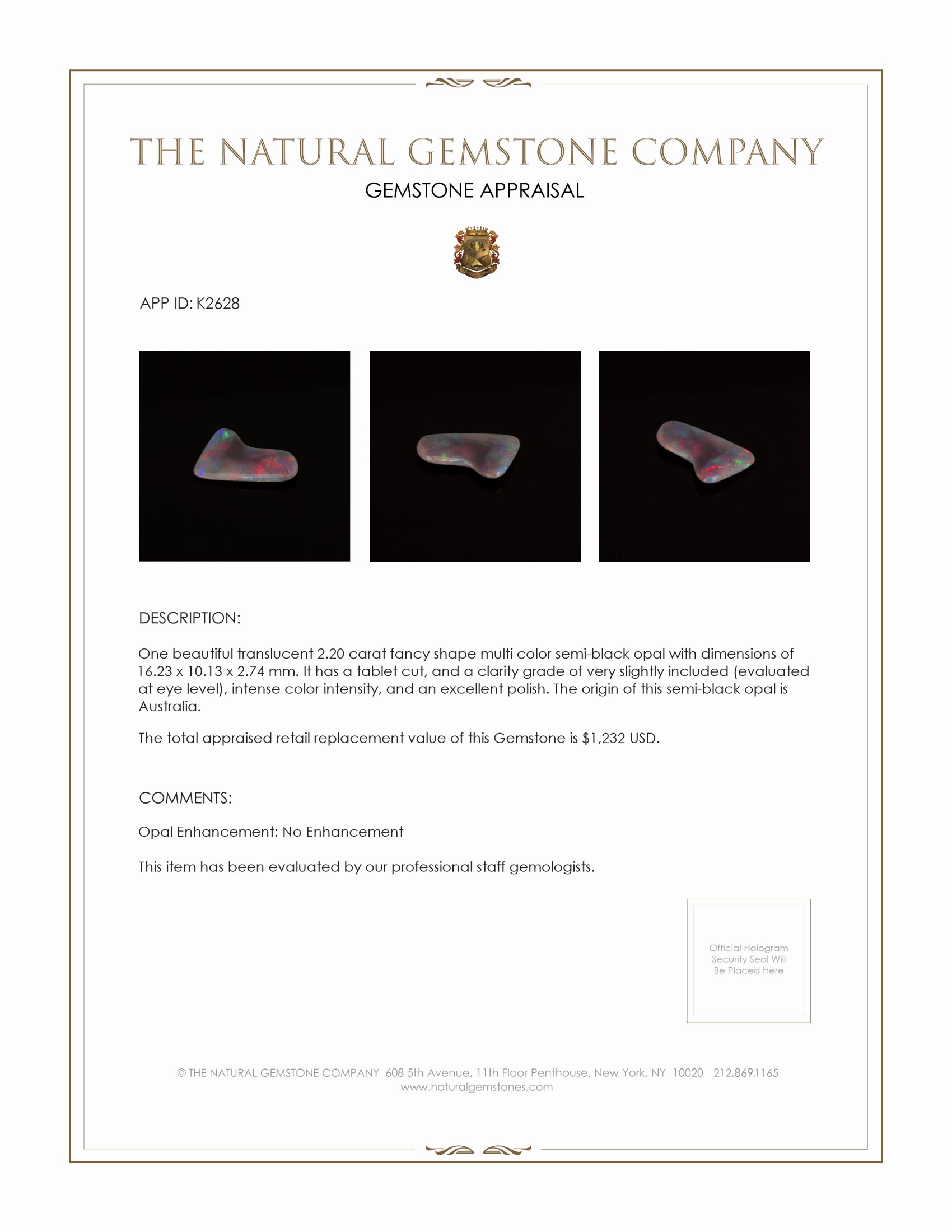 2.20 Ct. Semi-Black Opal from Australia