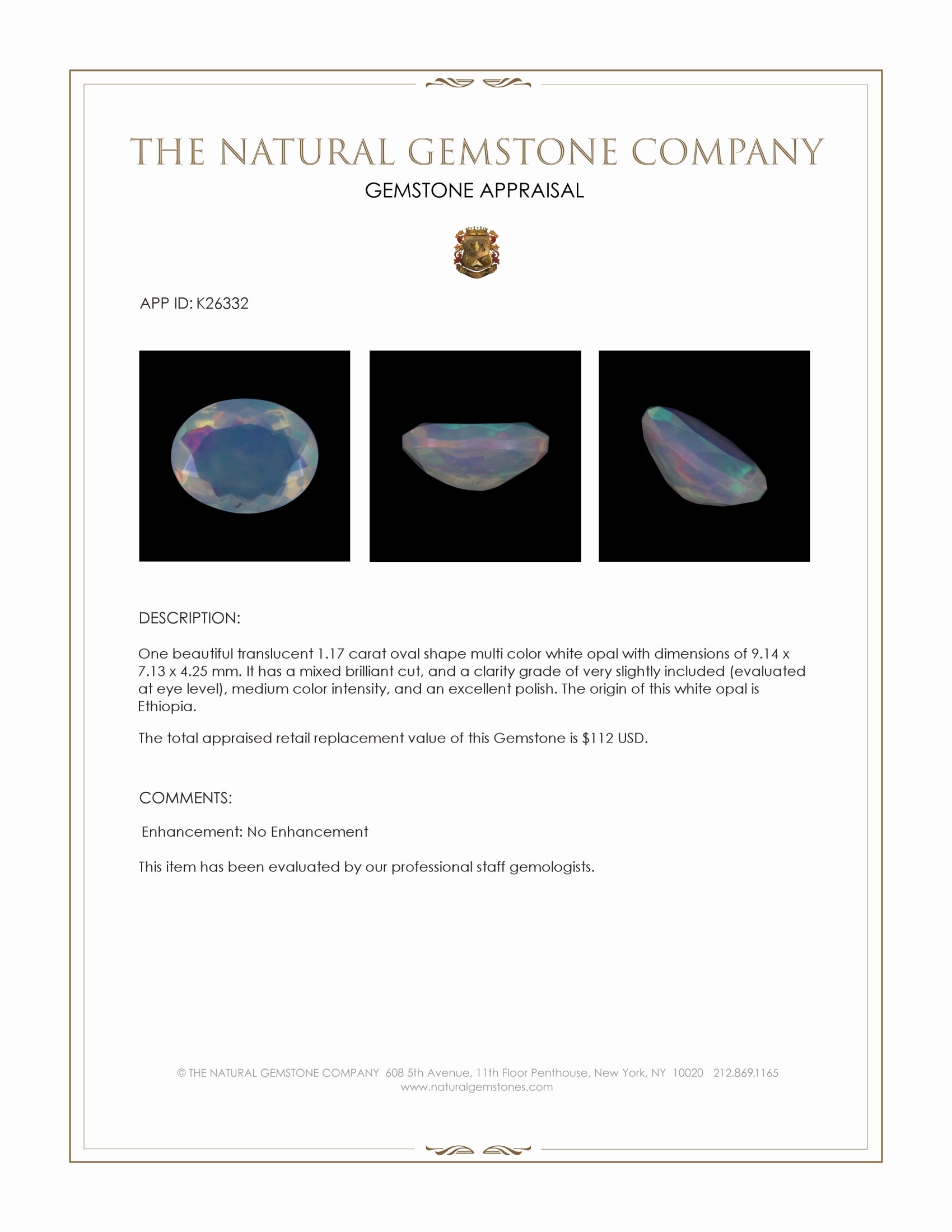 1.17 Ct. Multi Color White Opal (Light Opal) from Ethiopia