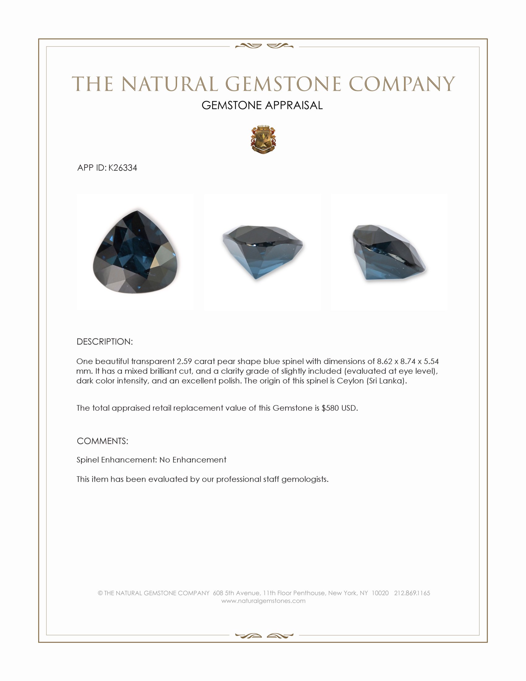 2.59 Ct. Blue Spinel from Ceylon (Sri Lanka)