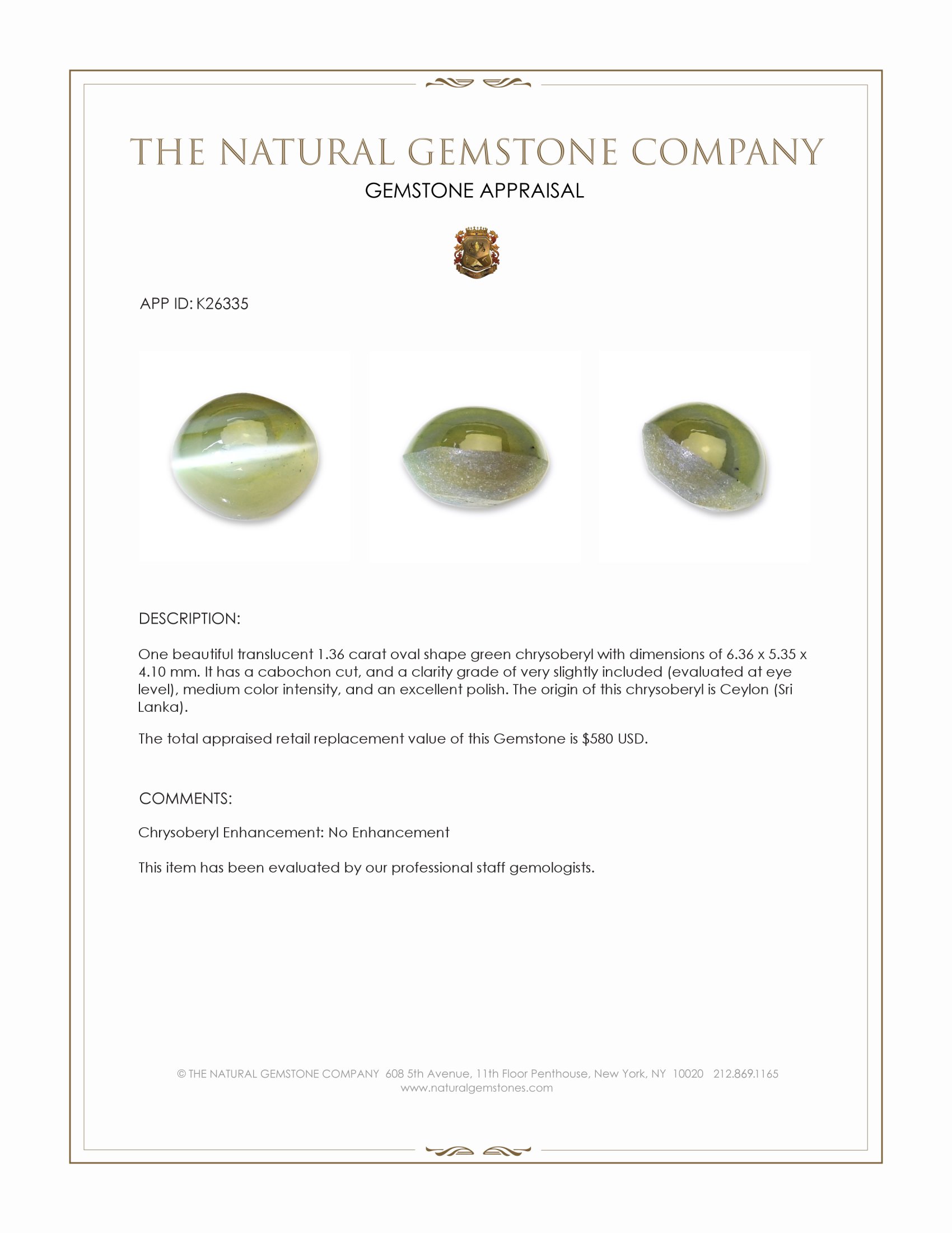 1.36 Ct. Green Cabochon Chrysoberyl from Ceylon (Sri Lanka)