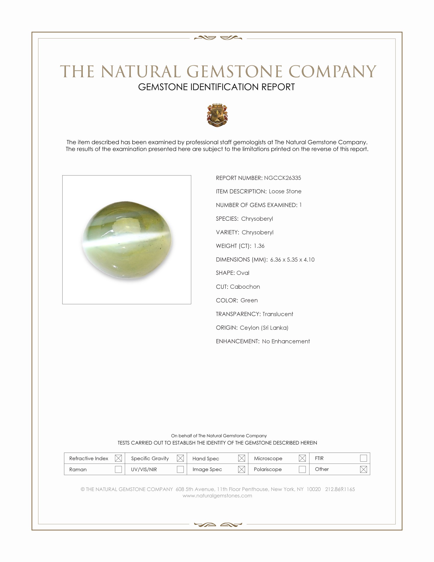 1.36 Ct. Green Cabochon Chrysoberyl from Ceylon (Sri Lanka)