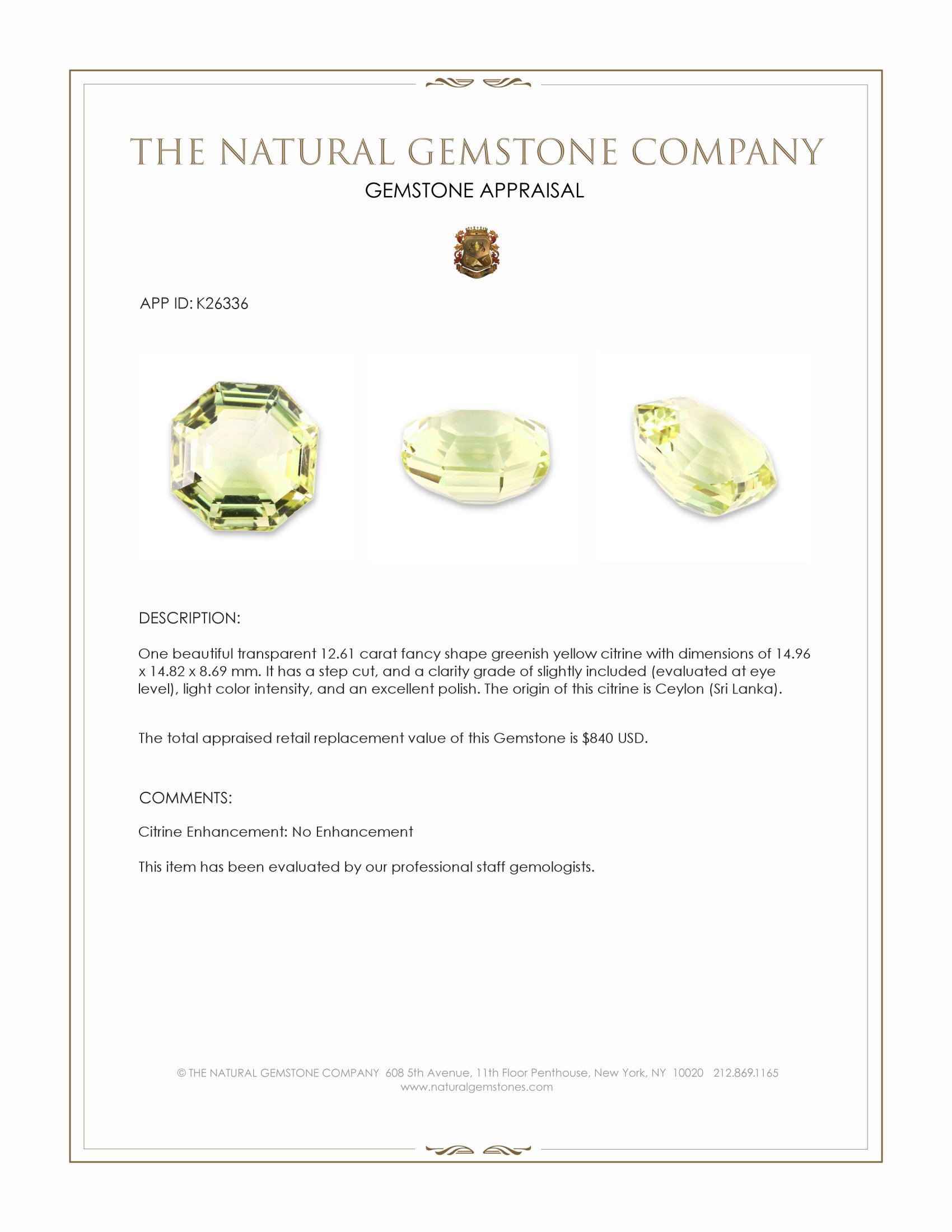 12.61 Ct. Greenish Yellow Citrine from Ceylon (Sri Lanka)