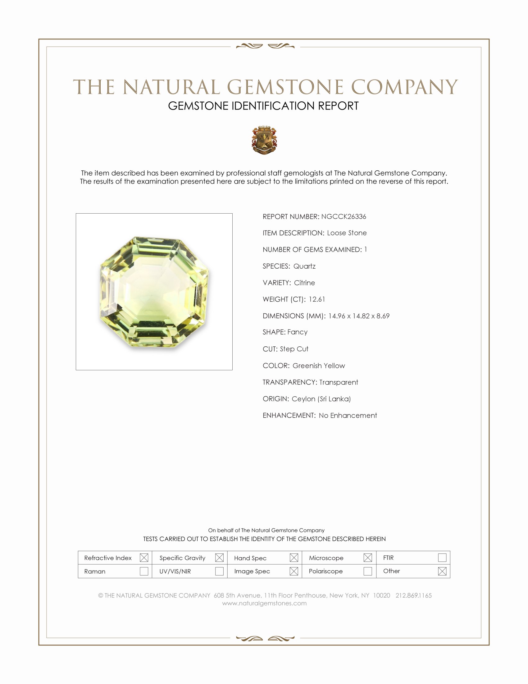 12.61 Ct. Greenish Yellow Citrine from Ceylon (Sri Lanka)