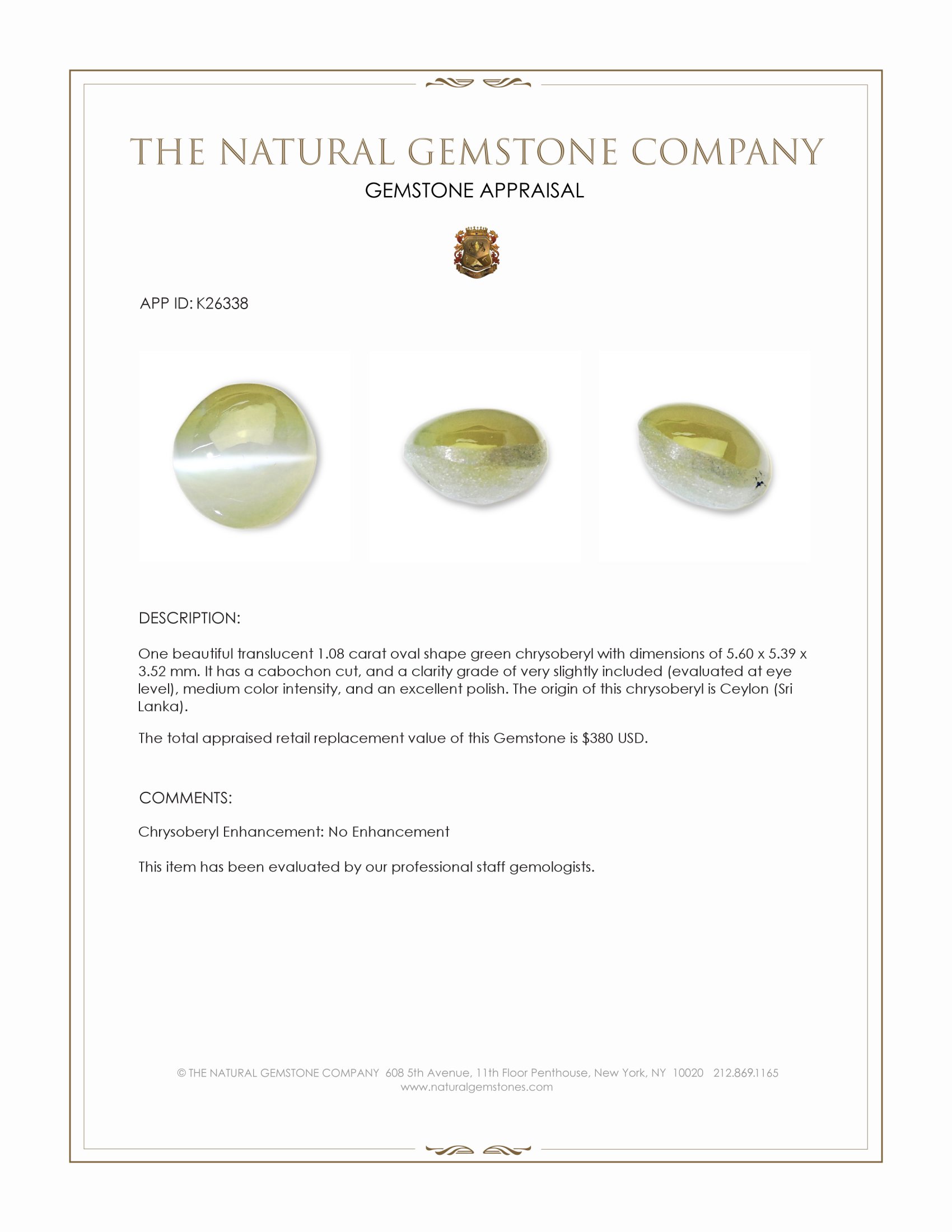 1.08 Ct. Green Cabochon Chrysoberyl from Ceylon (Sri Lanka)