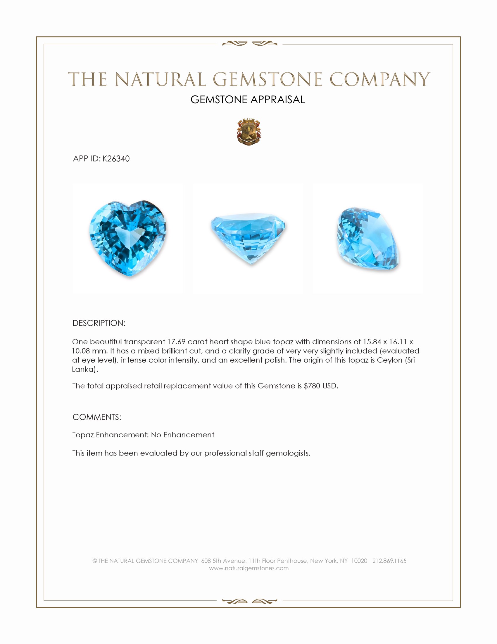 17.69 Ct. Blue Topaz from Ceylon (Sri Lanka)