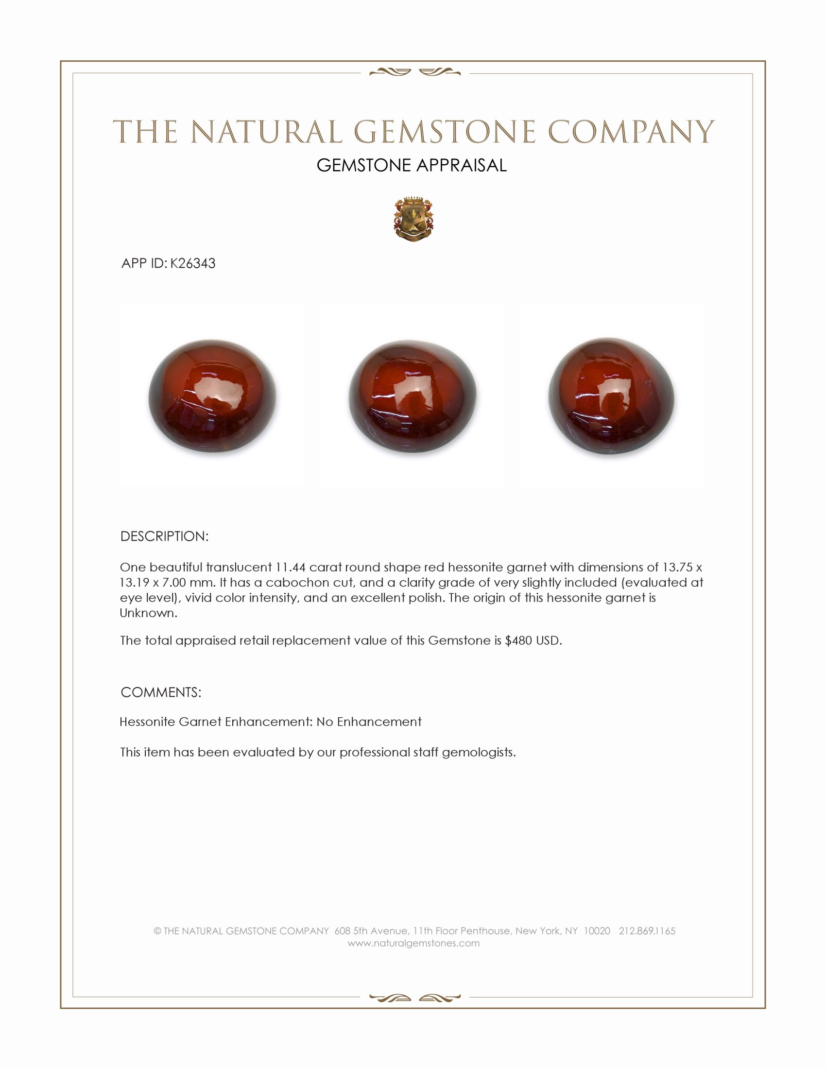 11.44 Ct. Red Cabochon Hessonite Garnet