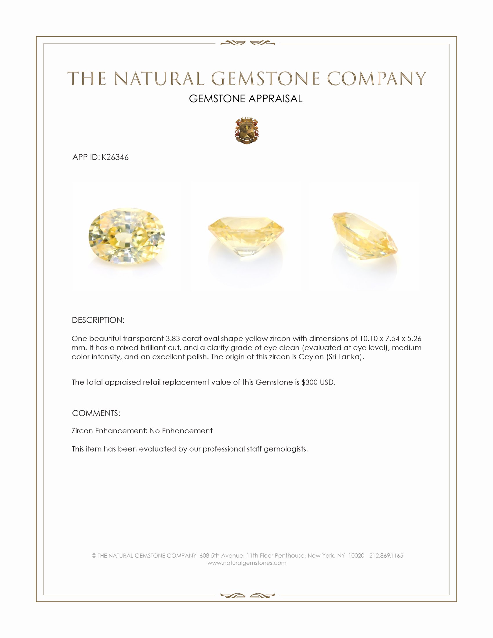 3.83 Ct. Yellow Zircon from Ceylon (Sri Lanka)
