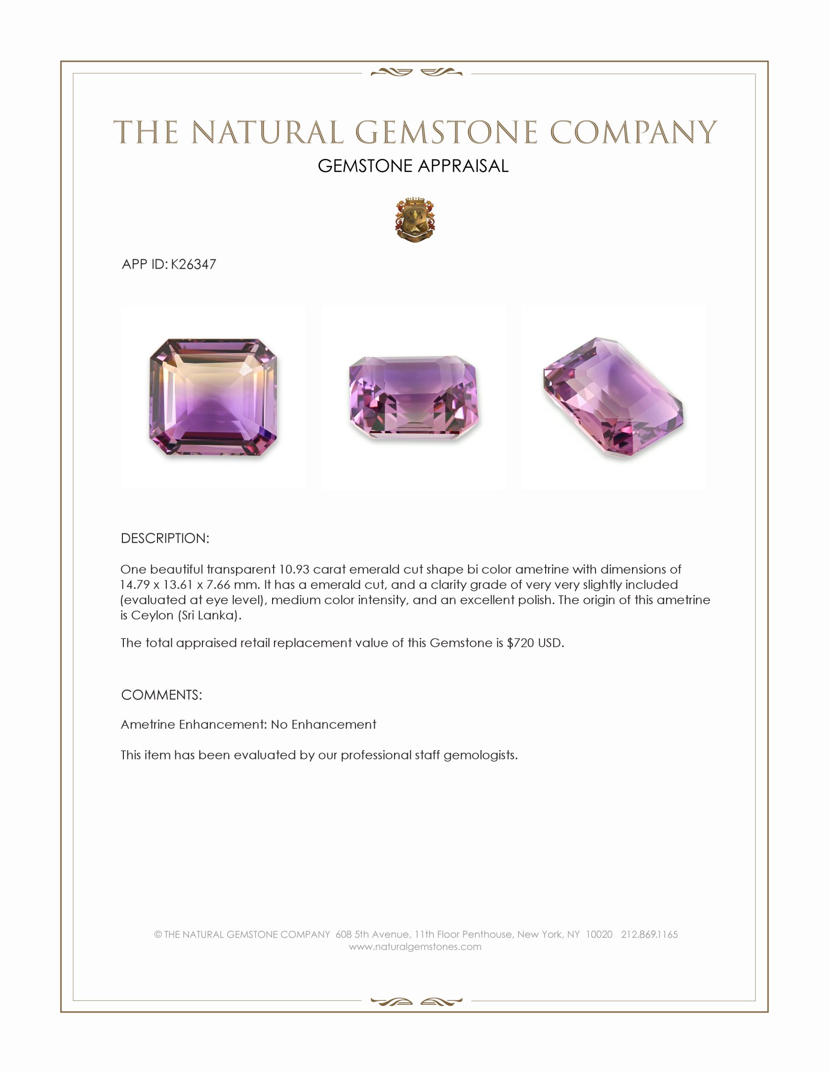 10.93 Ct. Bi Color Ametrine from Ceylon (Sri Lanka)