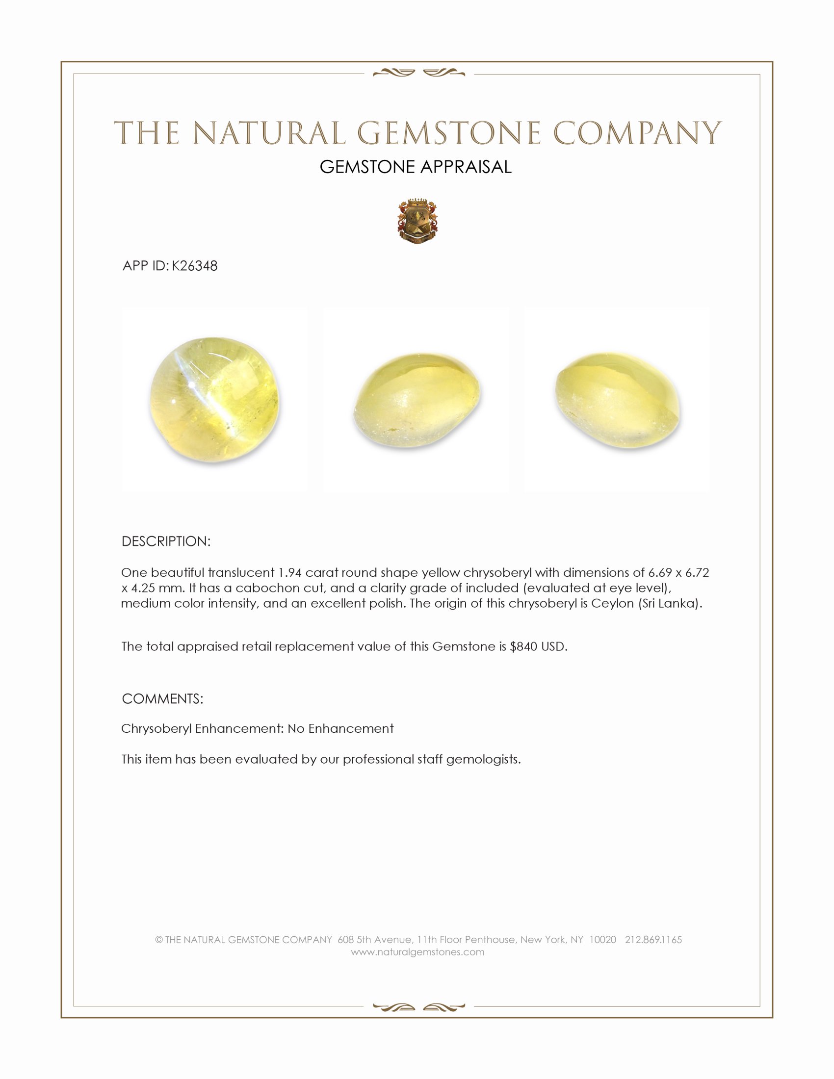 1.94 Ct. Yellow Cabochon Chrysoberyl from Ceylon (Sri Lanka)