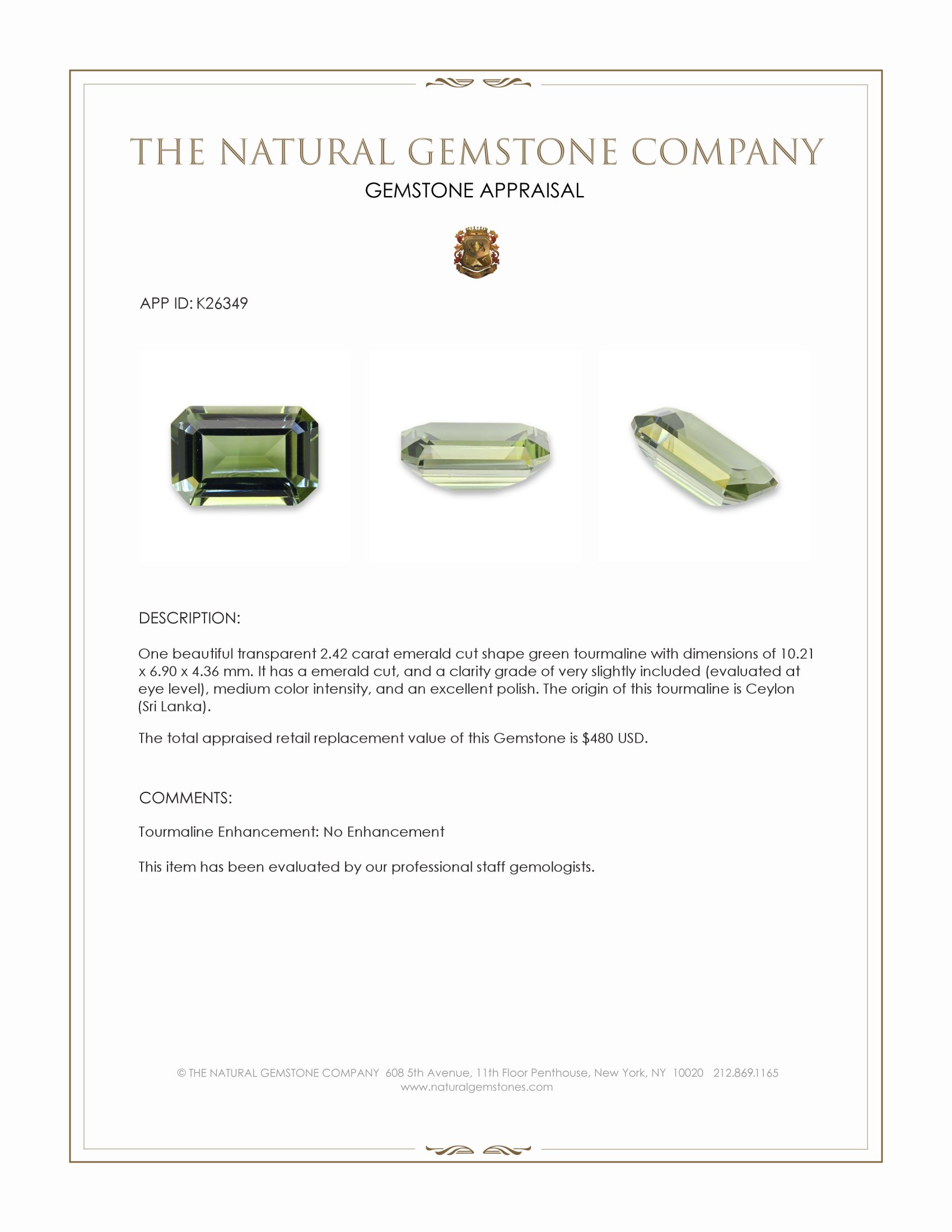 2.42 Ct. Yellowish Green Tourmaline from Ceylon (Sri Lanka)