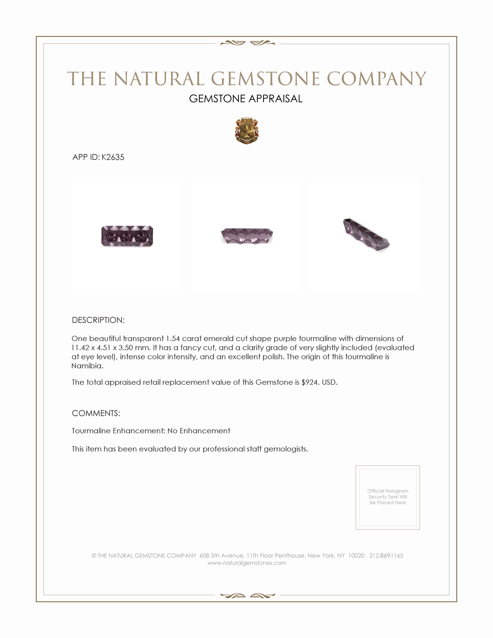 1.54 Ct. Purple Tourmaline from Namibia