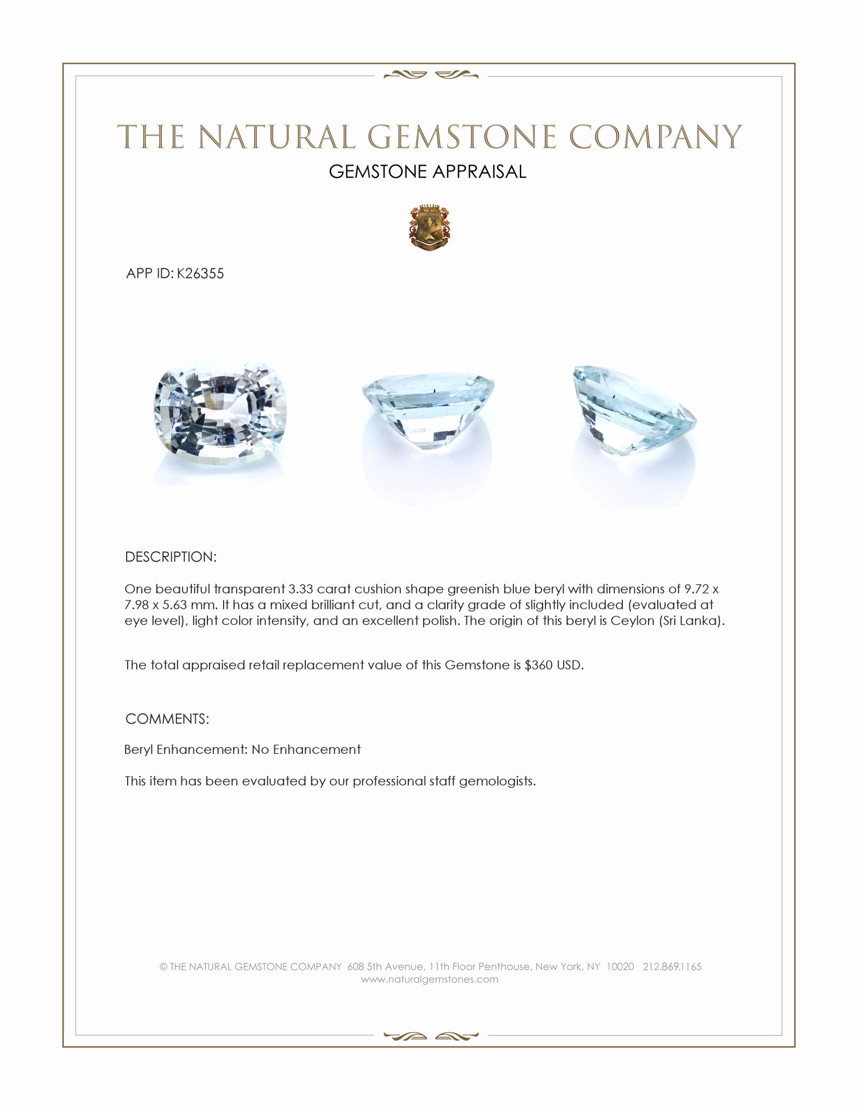 3.33 Ct. Greenish Blue Beryl from Ceylon (Sri Lanka)