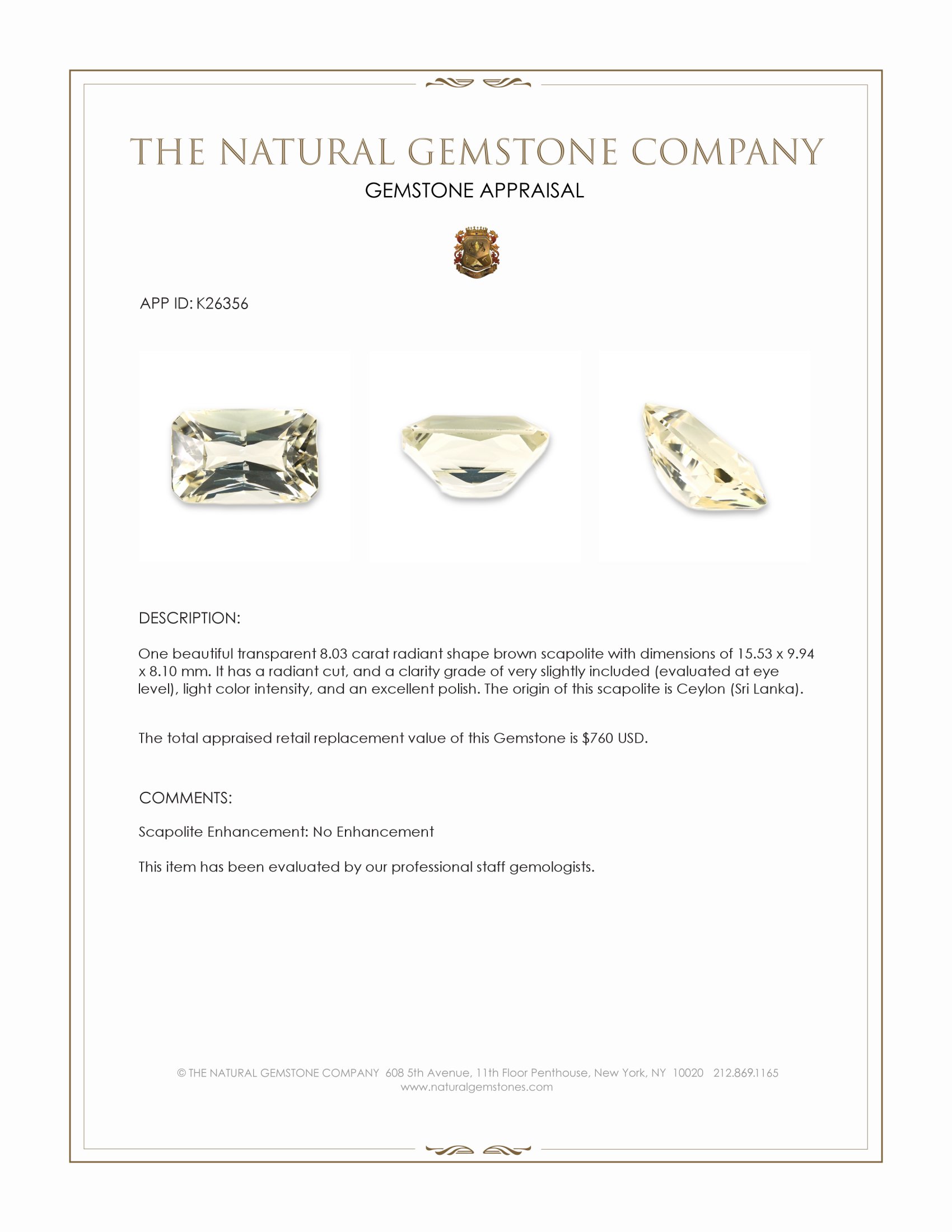 8.03 Ct. Yellow Scapolite from Ceylon (Sri Lanka)