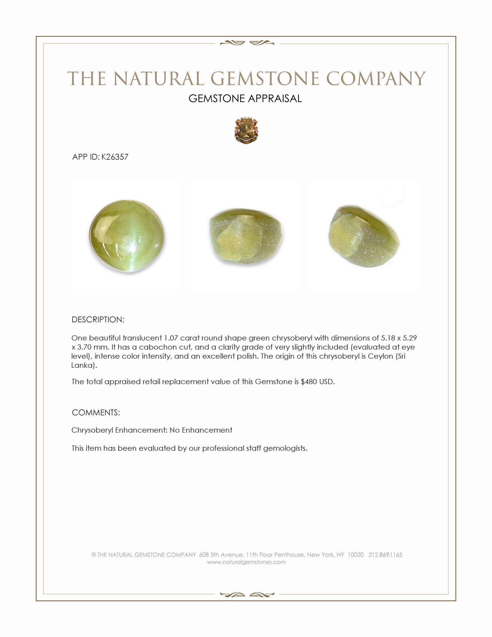 1.07 Ct. Green Cabochon Chrysoberyl from Ceylon (Sri Lanka)