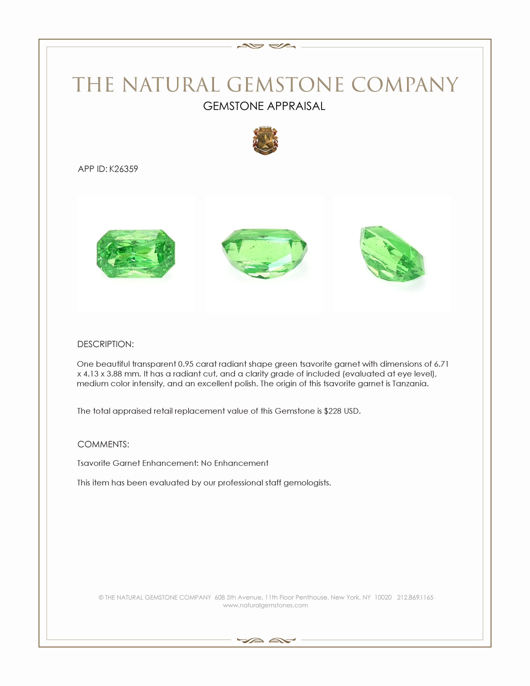 0.95 Ct. Tsavorite Garnet from Tanzania