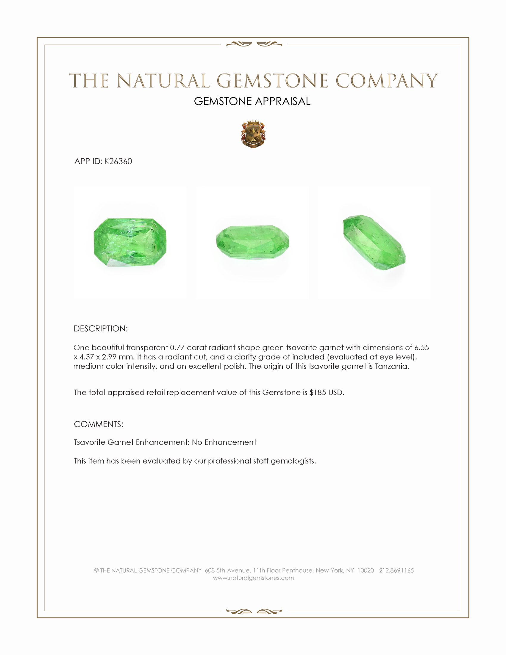0.77 Ct. Tsavorite Garnet from Tanzania