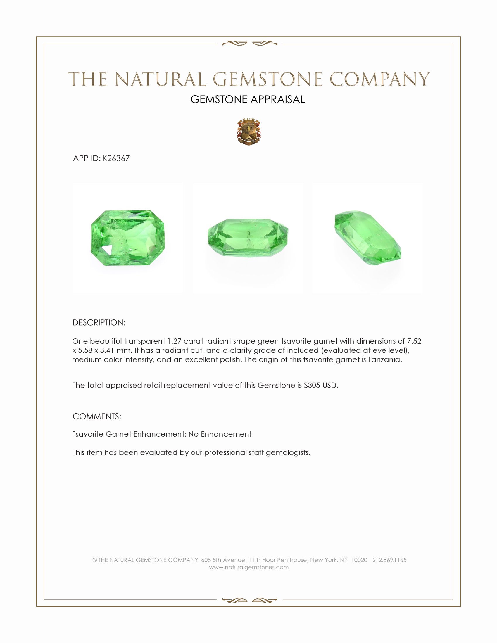 1.27 Ct. Tsavorite Garnet from Tanzania