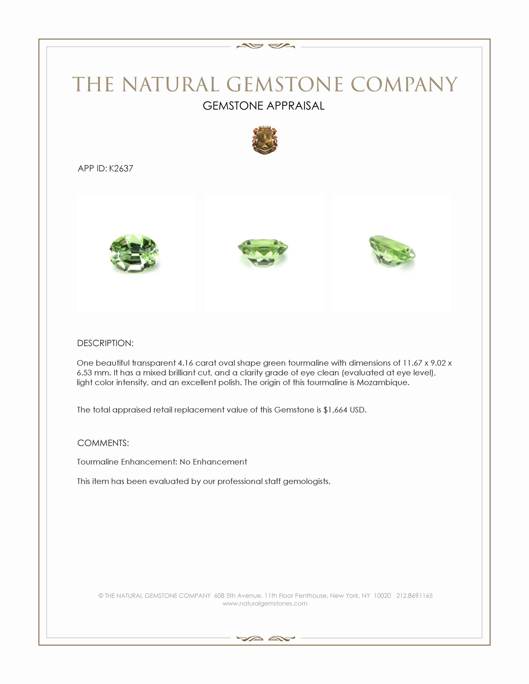 4.16 Ct. Green Tourmaline from Mozambique