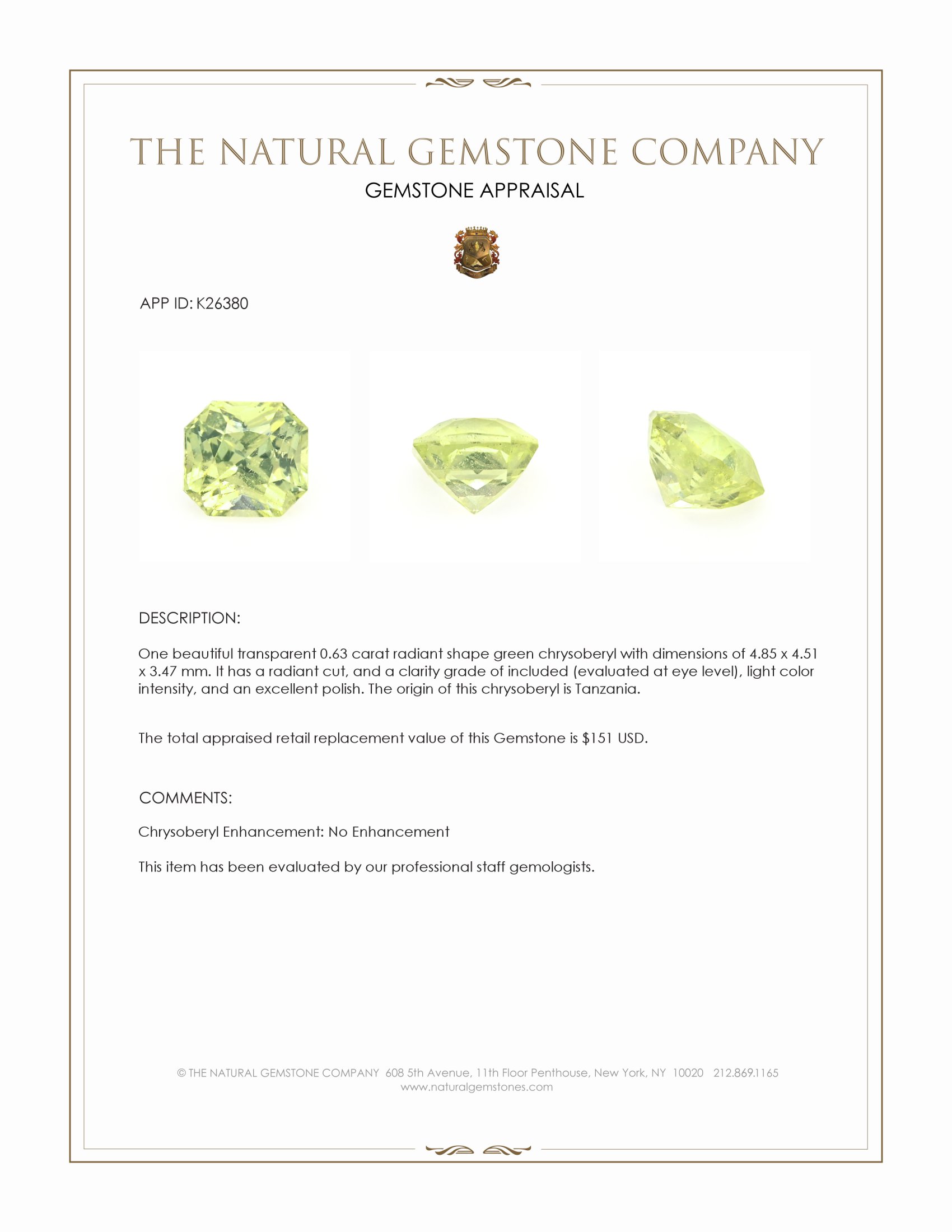 0.63 Ct. Green Chrysoberyl from Tanzania