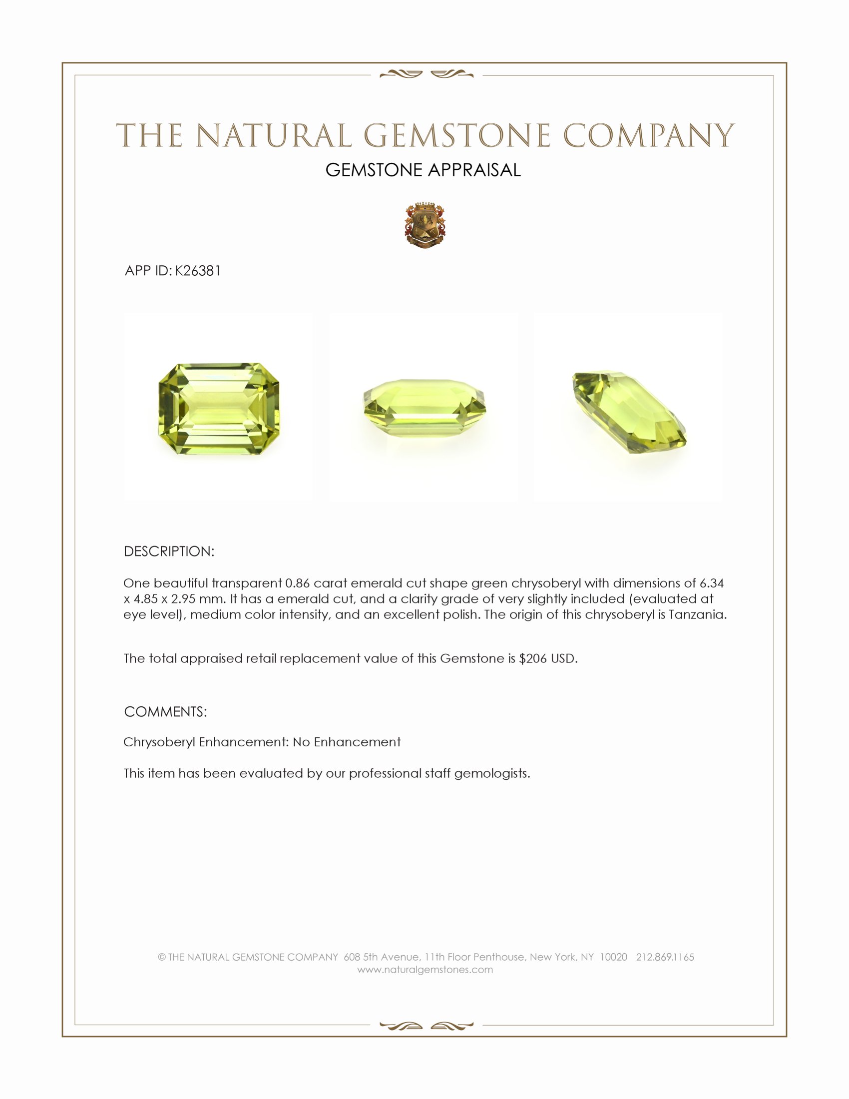 0.86 Ct. Green Chrysoberyl from Tanzania