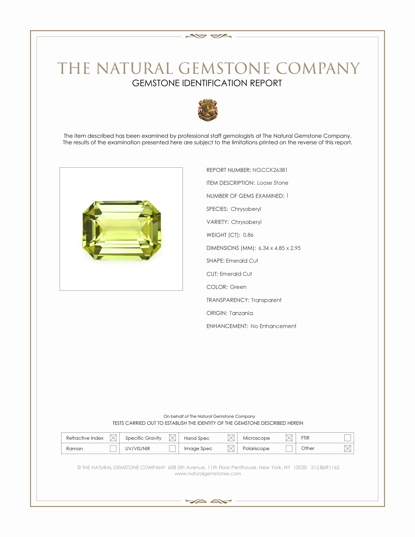 0.86 Ct. Green Chrysoberyl from Tanzania