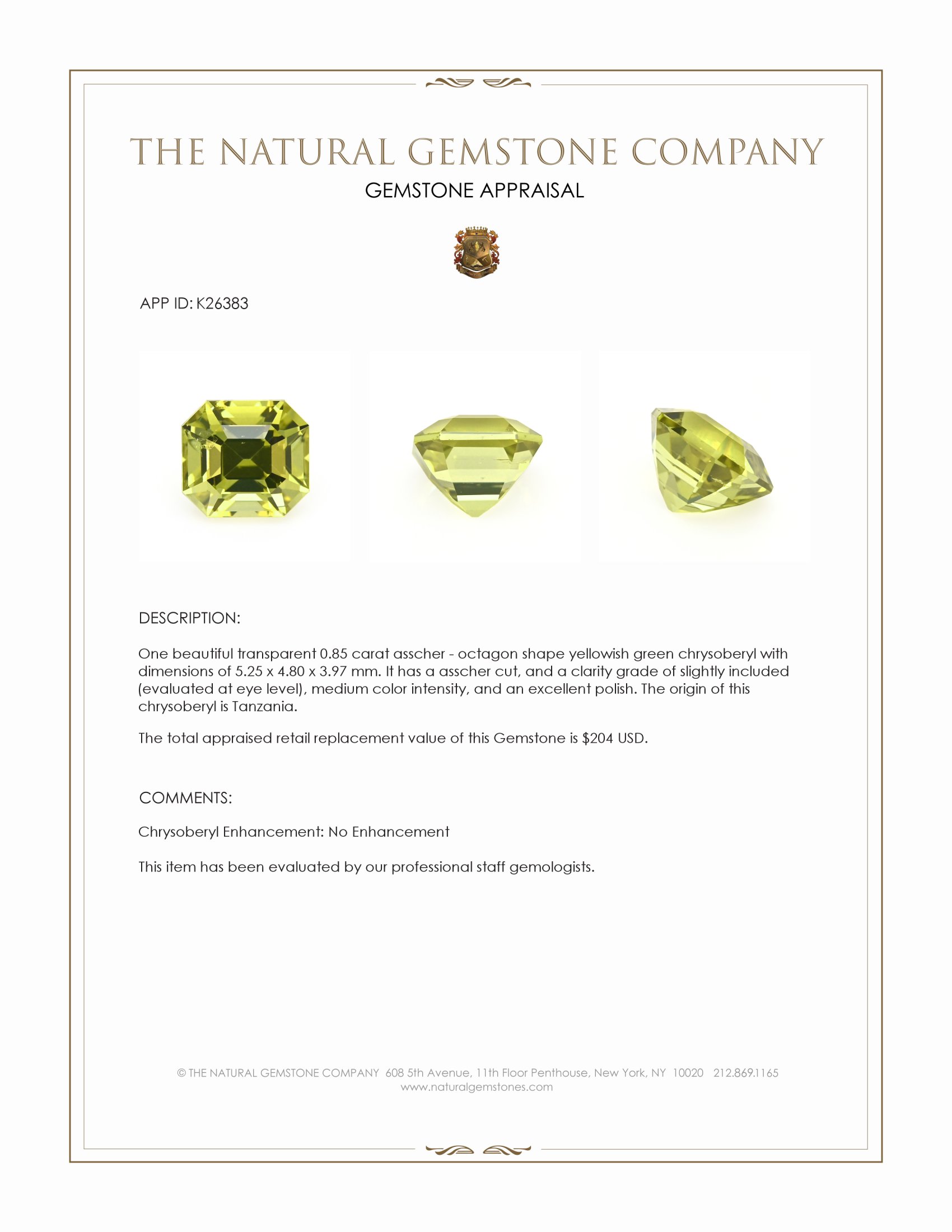 0.85 Ct. Yellowish Green Chrysoberyl from Tanzania