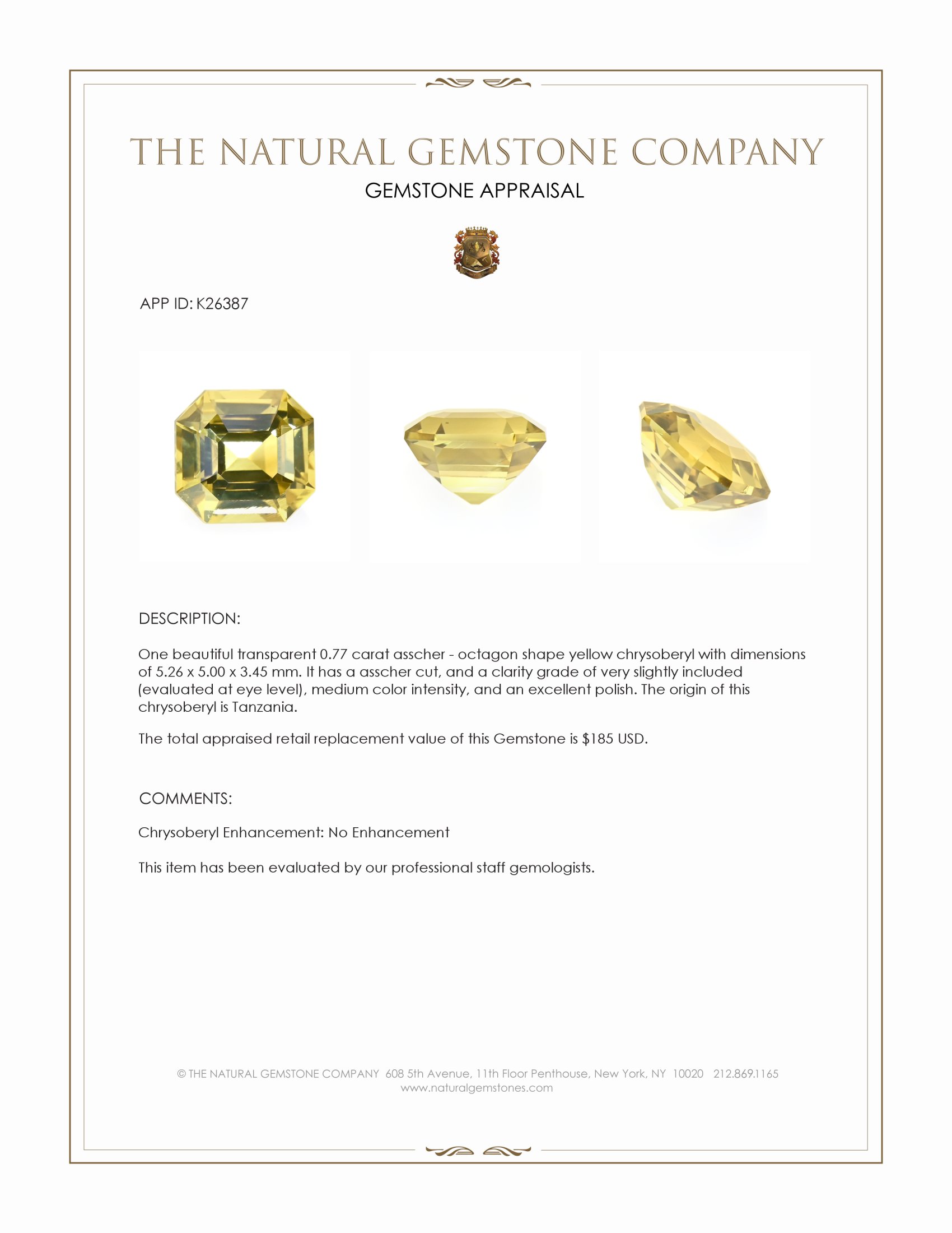 0.77 Ct. Yellow Chrysoberyl from Tanzania