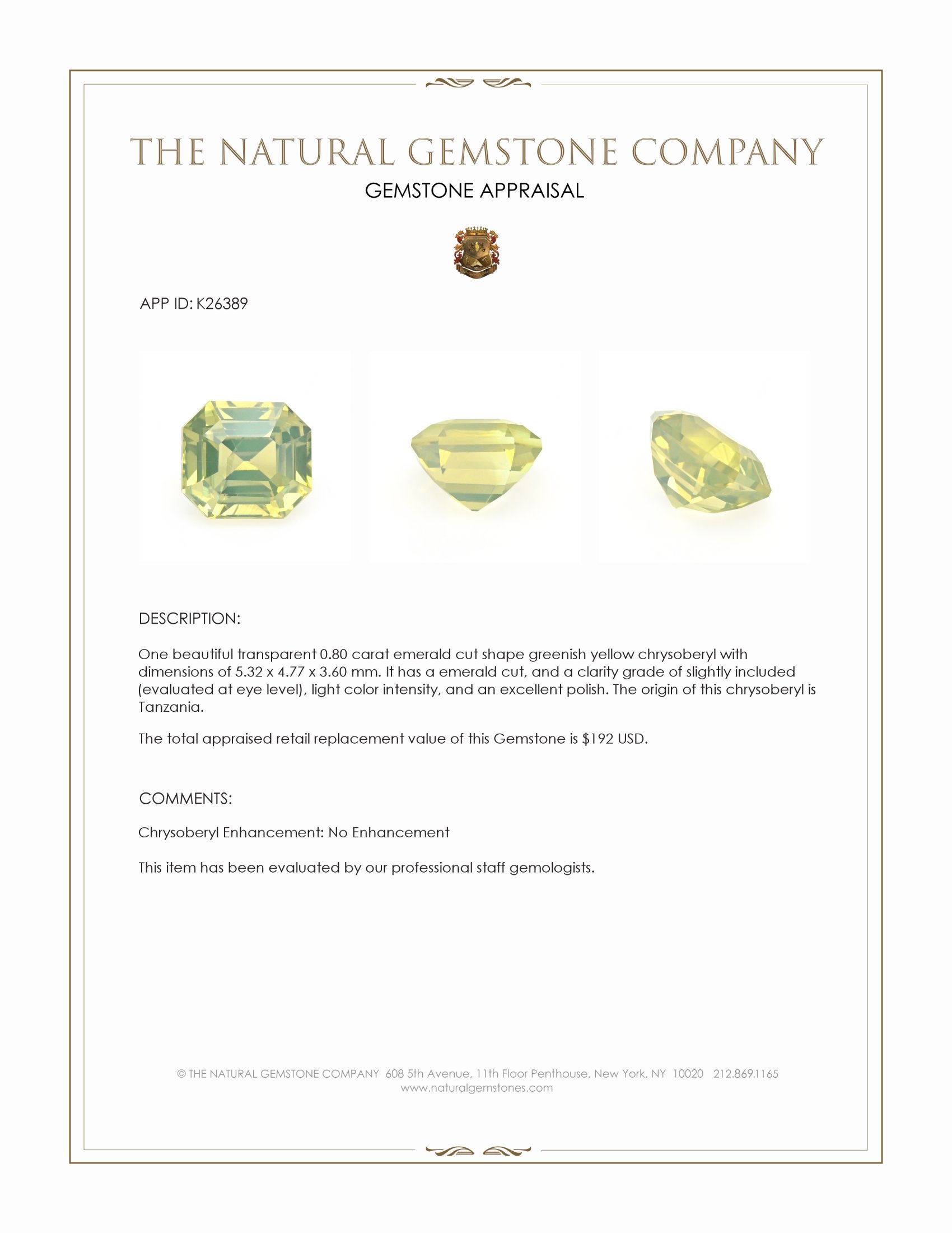 0.80 Ct. Greenish Yellow Chrysoberyl from Tanzania