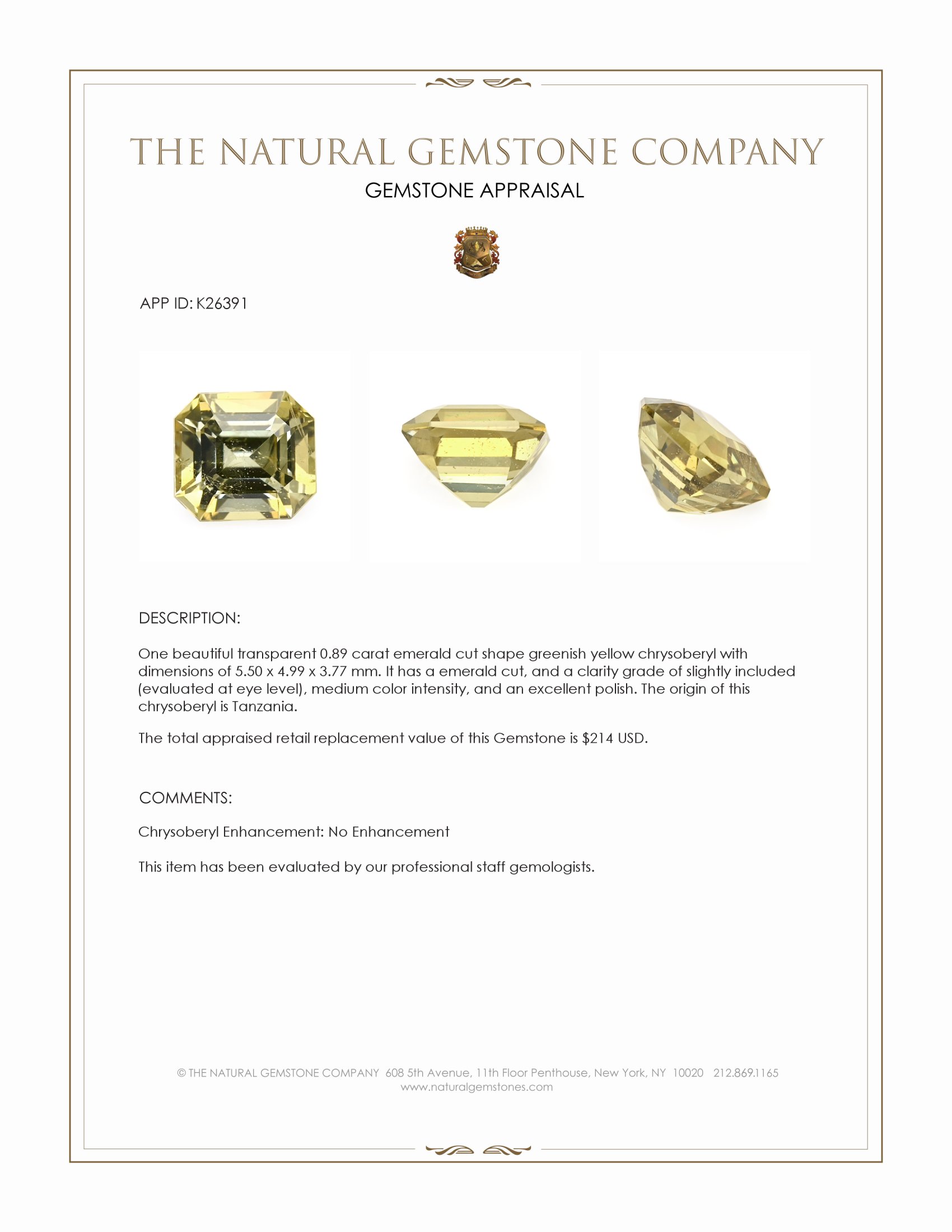 0.89 Ct. Greenish Yellow Chrysoberyl from Tanzania