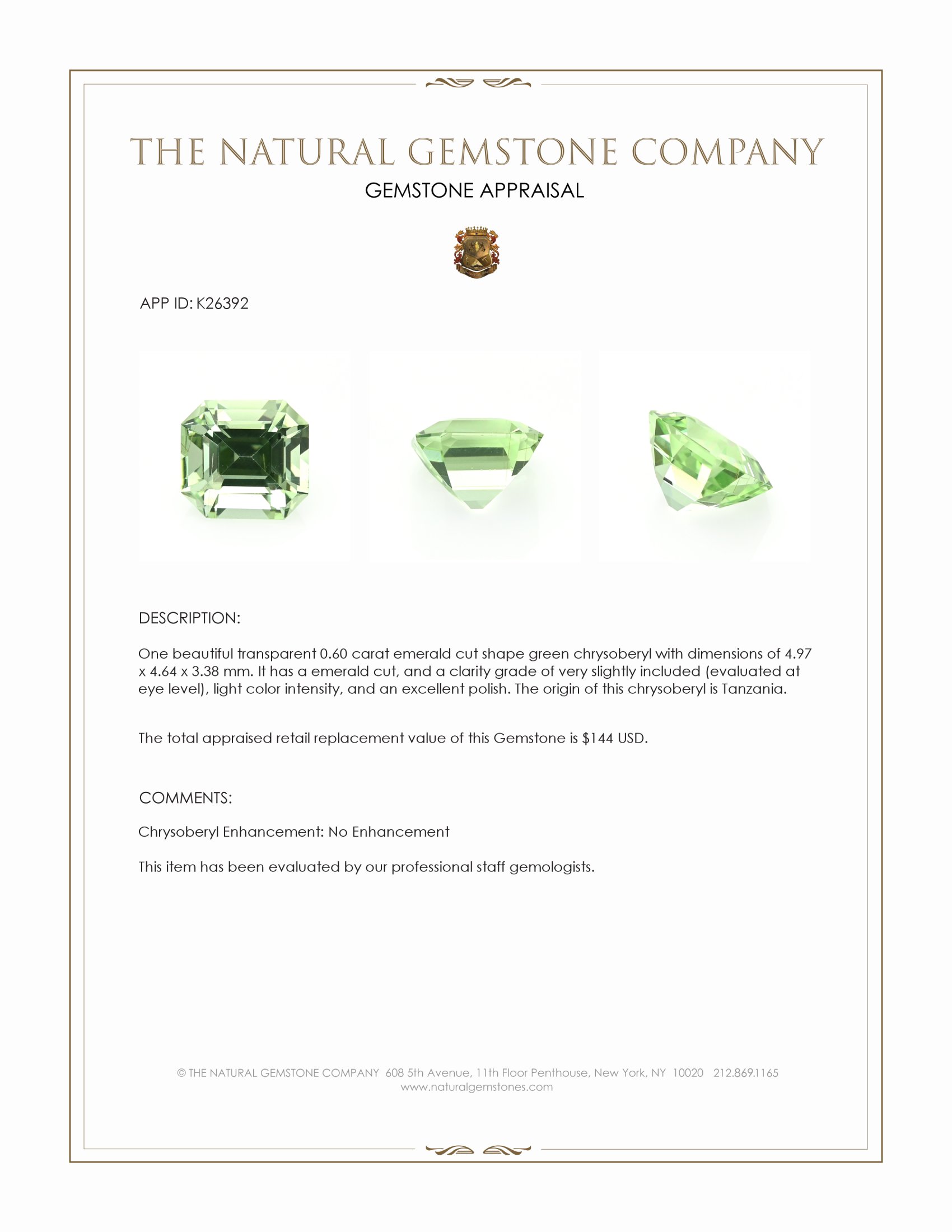 0.60 Ct. Green Chrysoberyl from Tanzania