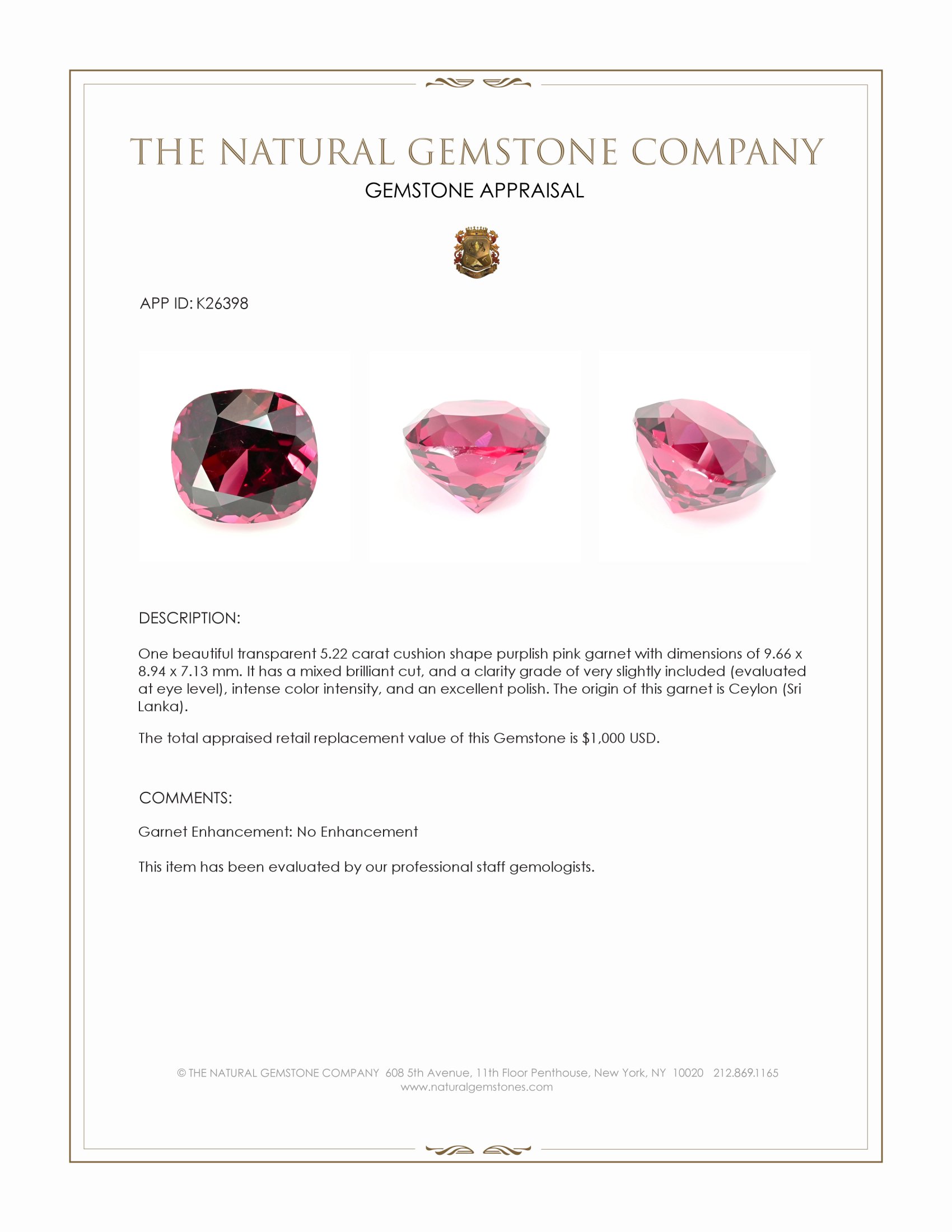 5.22 Ct. Purplish Pink Garnet from Ceylon (Sri Lanka)