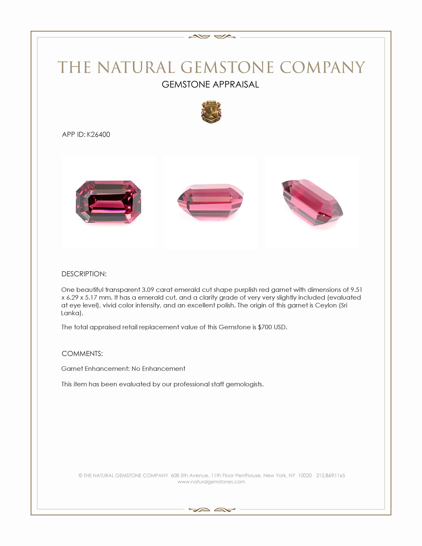 3.09 Ct. Purplish Red Garnet from Ceylon (Sri Lanka)