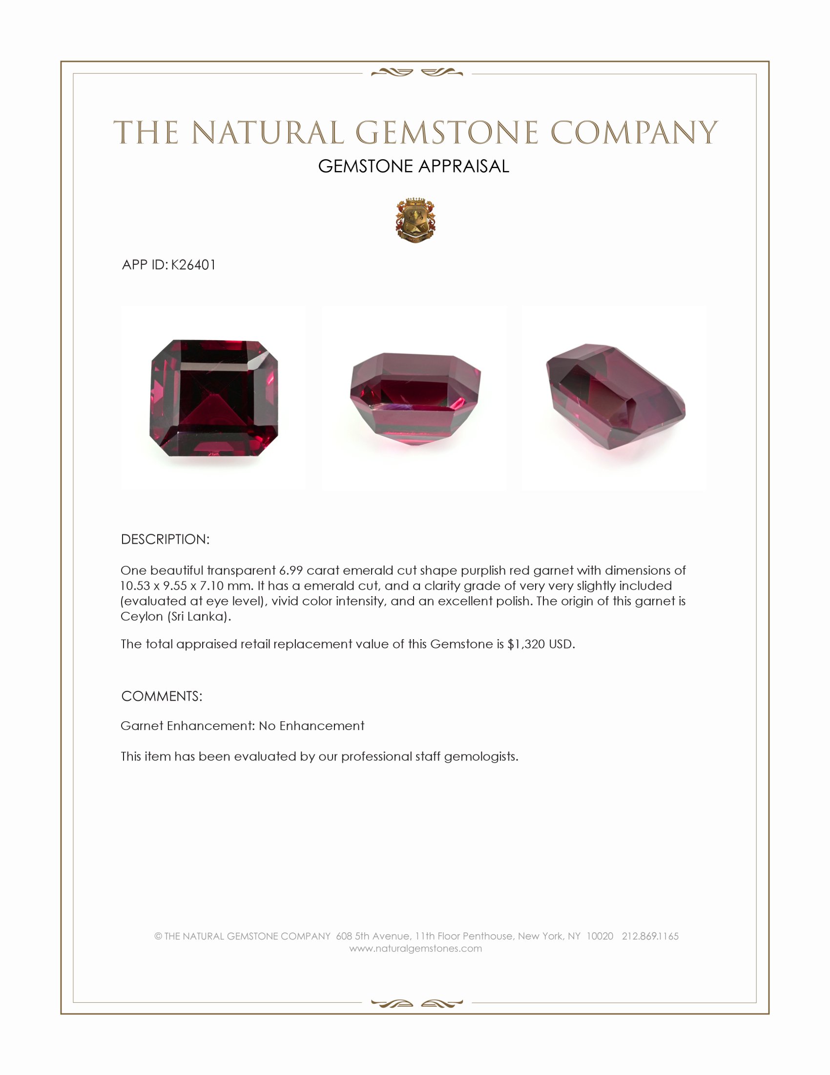 6.99 Ct. Purplish Red Garnet from Ceylon (Sri Lanka)