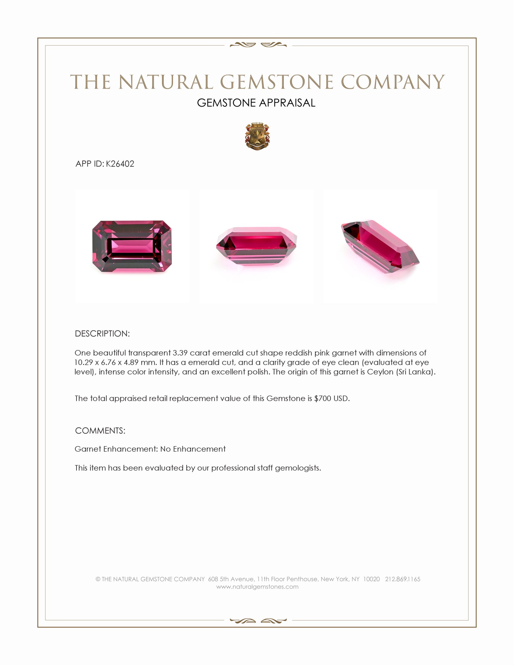 3.39 Ct. Reddish Pink Garnet from Ceylon (Sri Lanka)