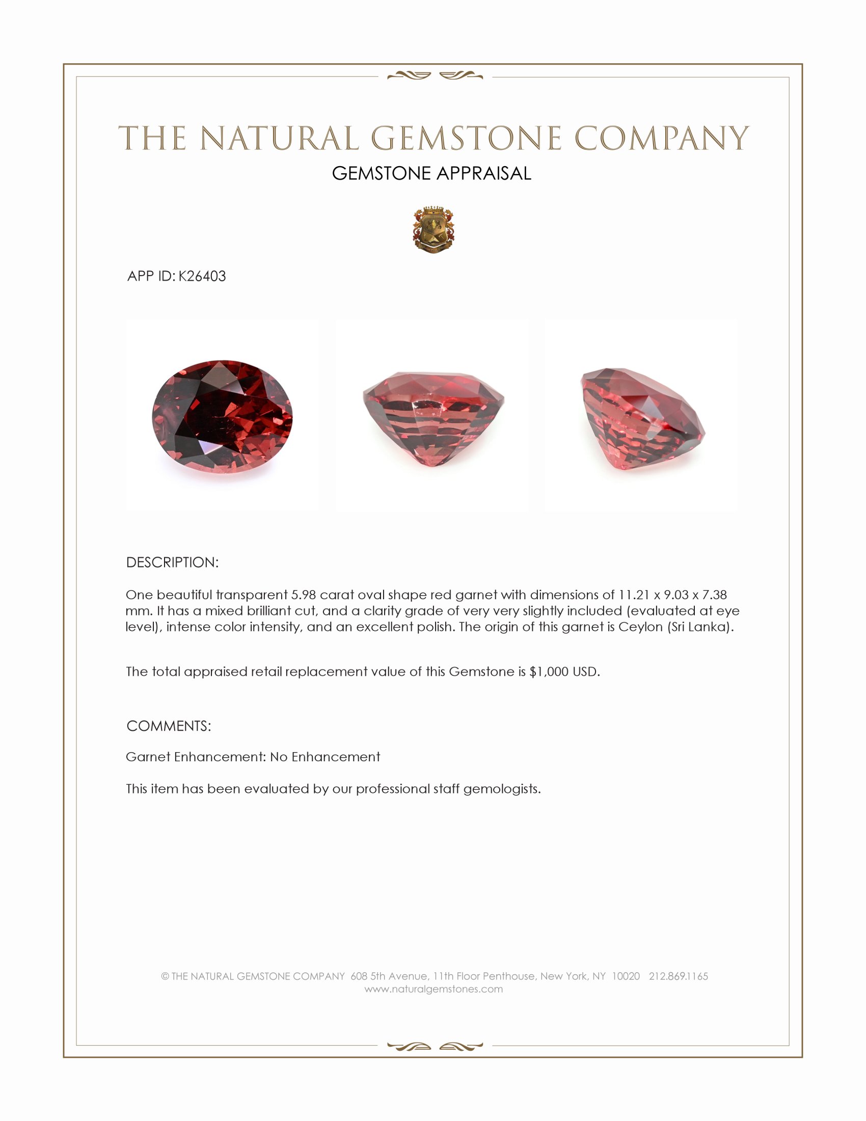 5.98 Ct. Red Garnet from Ceylon (Sri Lanka)