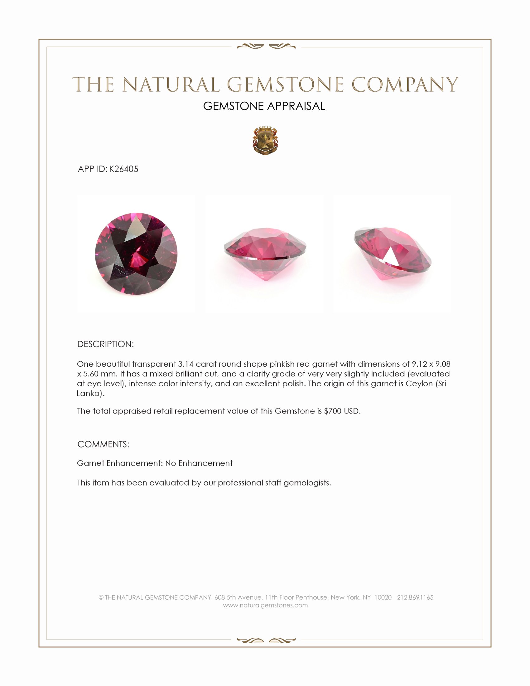 3.14 Ct. Pinkish Red Garnet from Ceylon (Sri Lanka)
