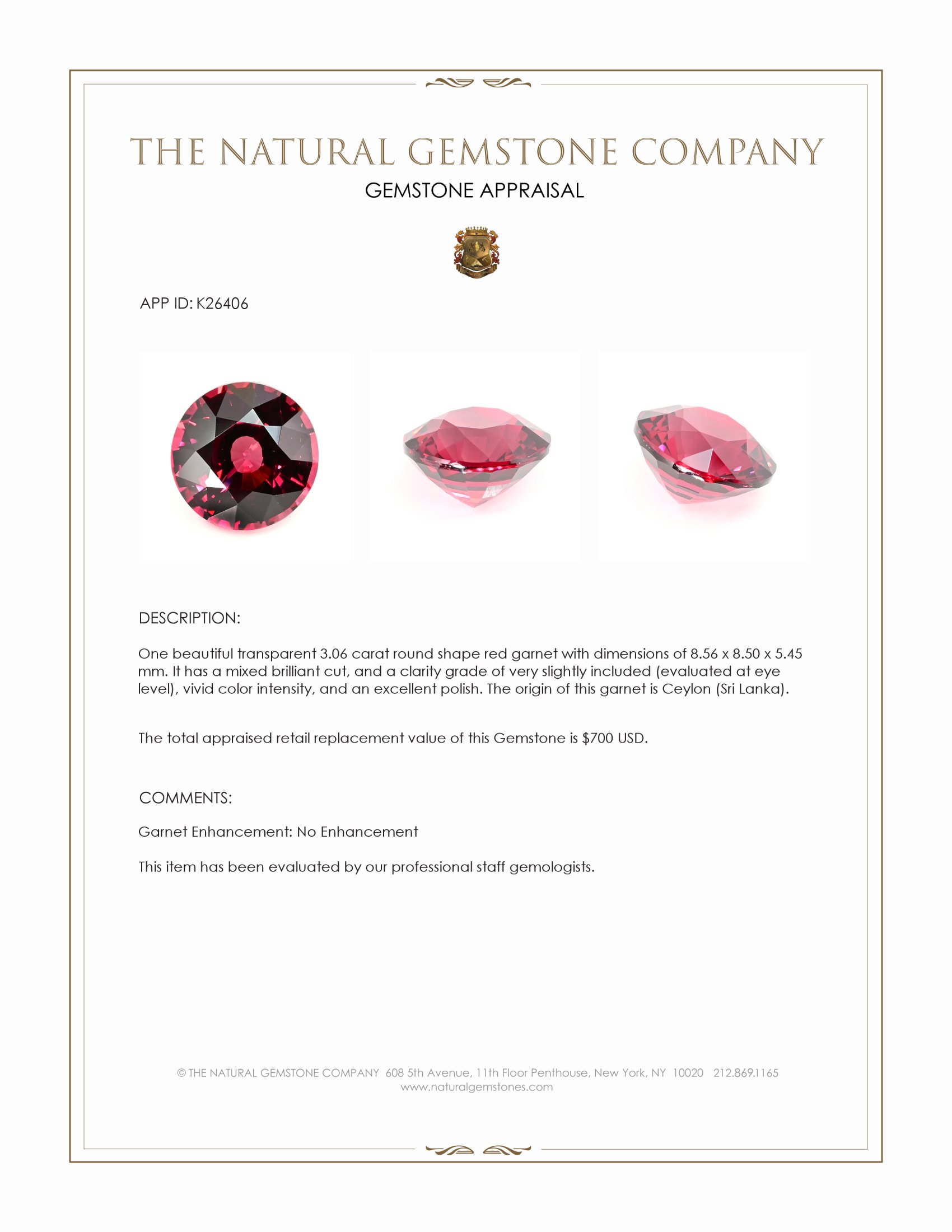 3.06 Ct. Red Garnet from Ceylon (Sri Lanka)