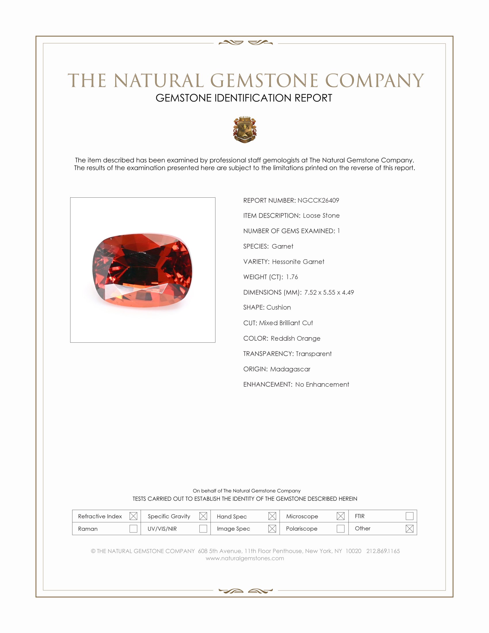 1.76 Ct. Reddish Orange Hessonite Garnet from Madagascar