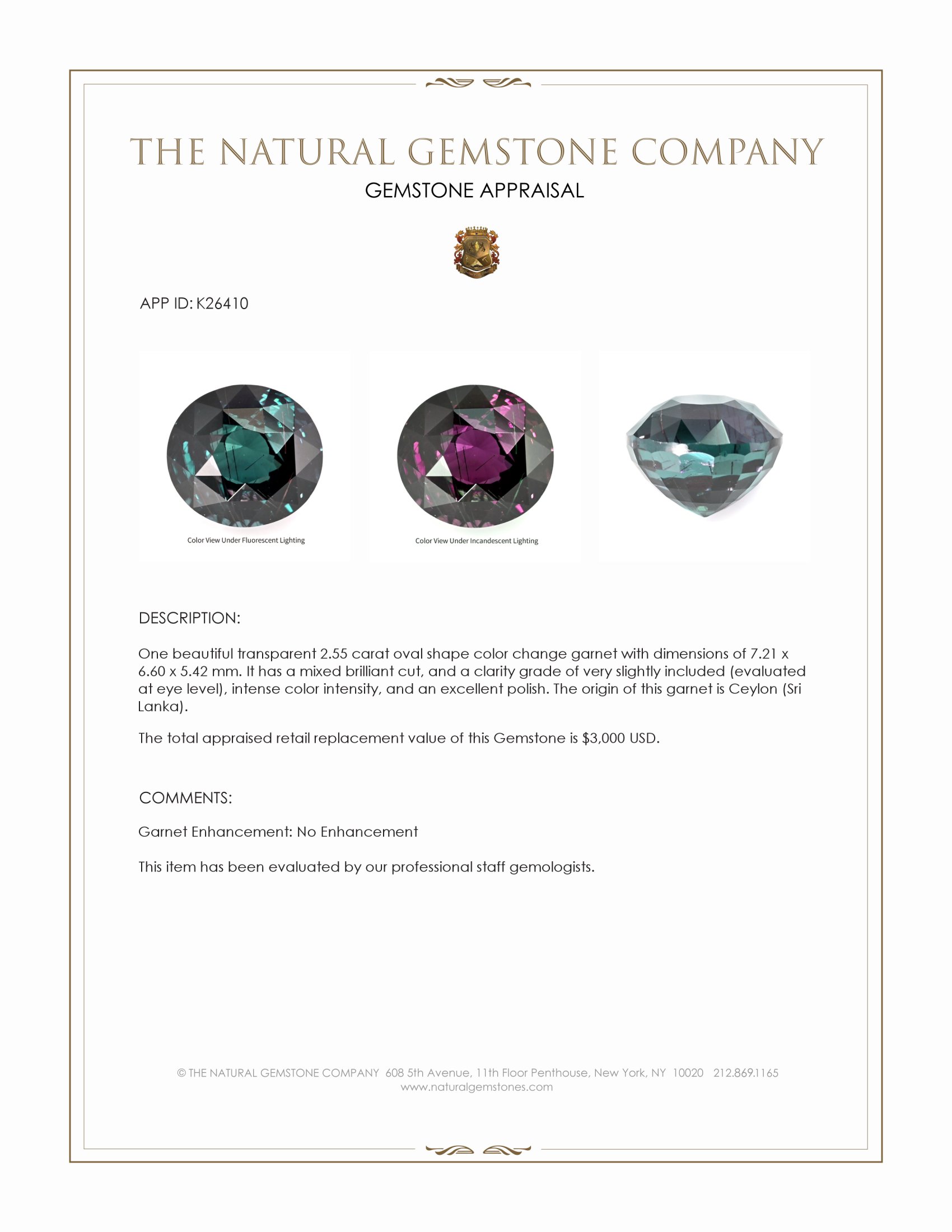 2.55 Ct. Color Change Garnet from Ceylon (Sri Lanka)