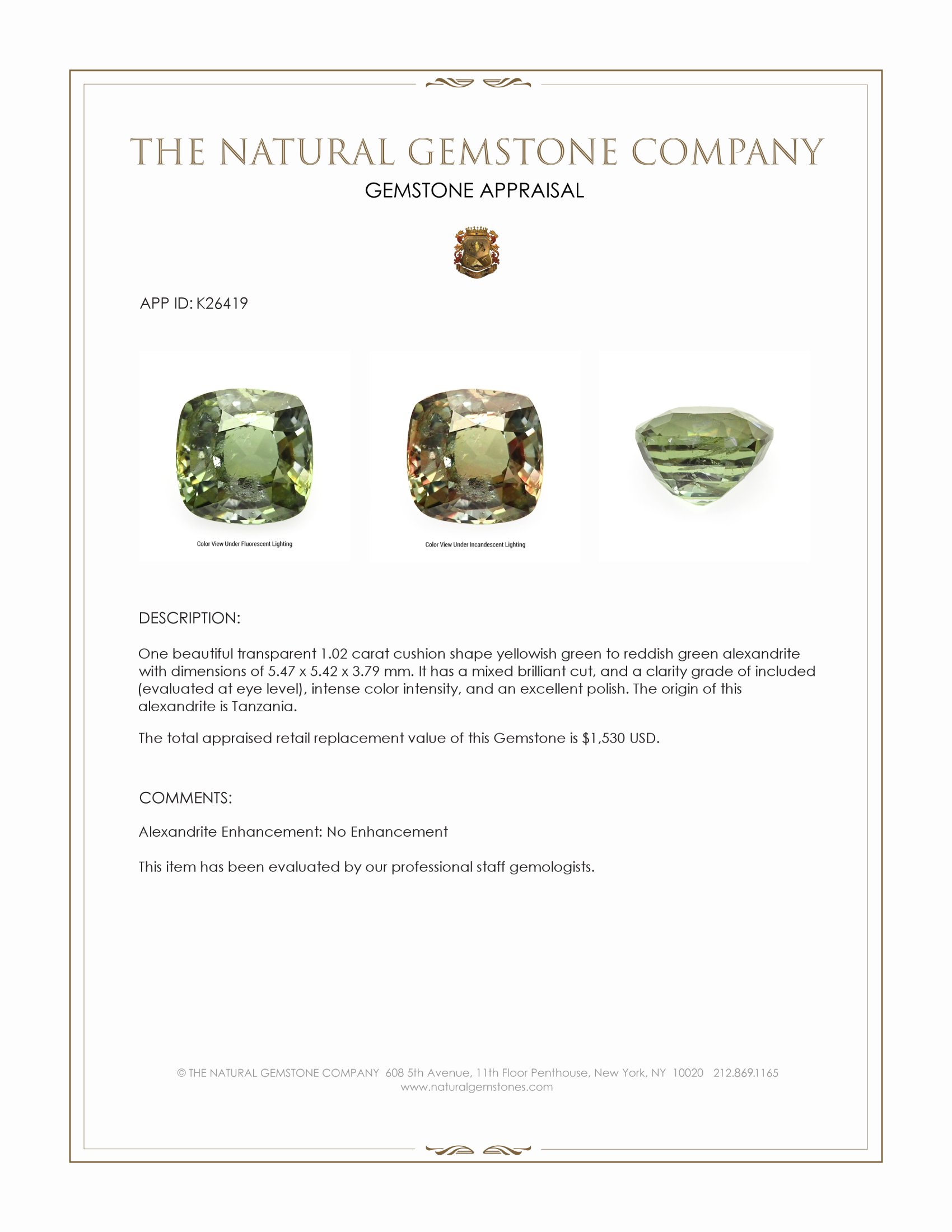 1.02 Ct. Alexandrite from Tanzania